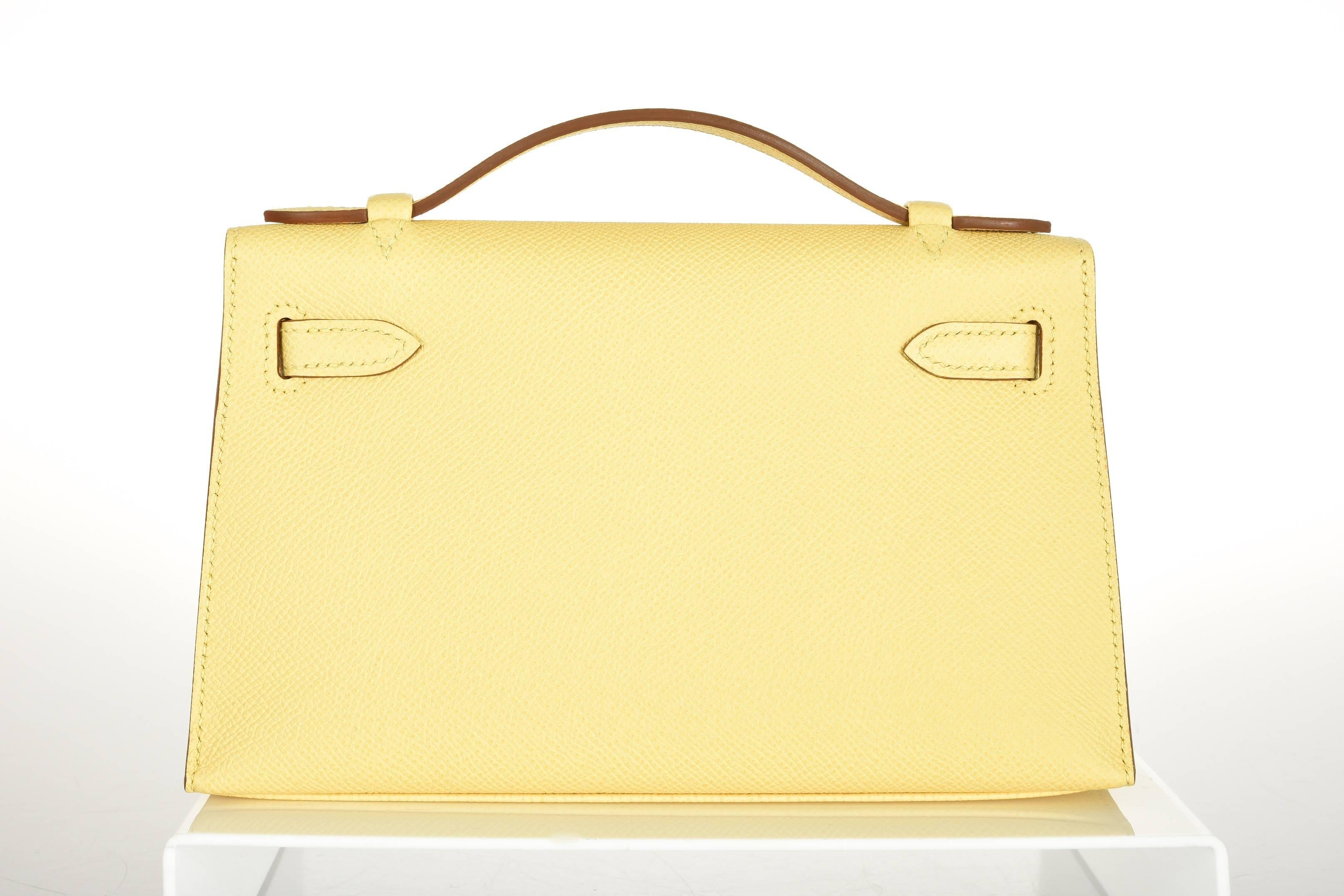 Hermes Jaune Poussin Kelly Pochette Cut Clutch Bag palladium JaneFinds In New Condition In NYC Tri-State/Miami, NY
