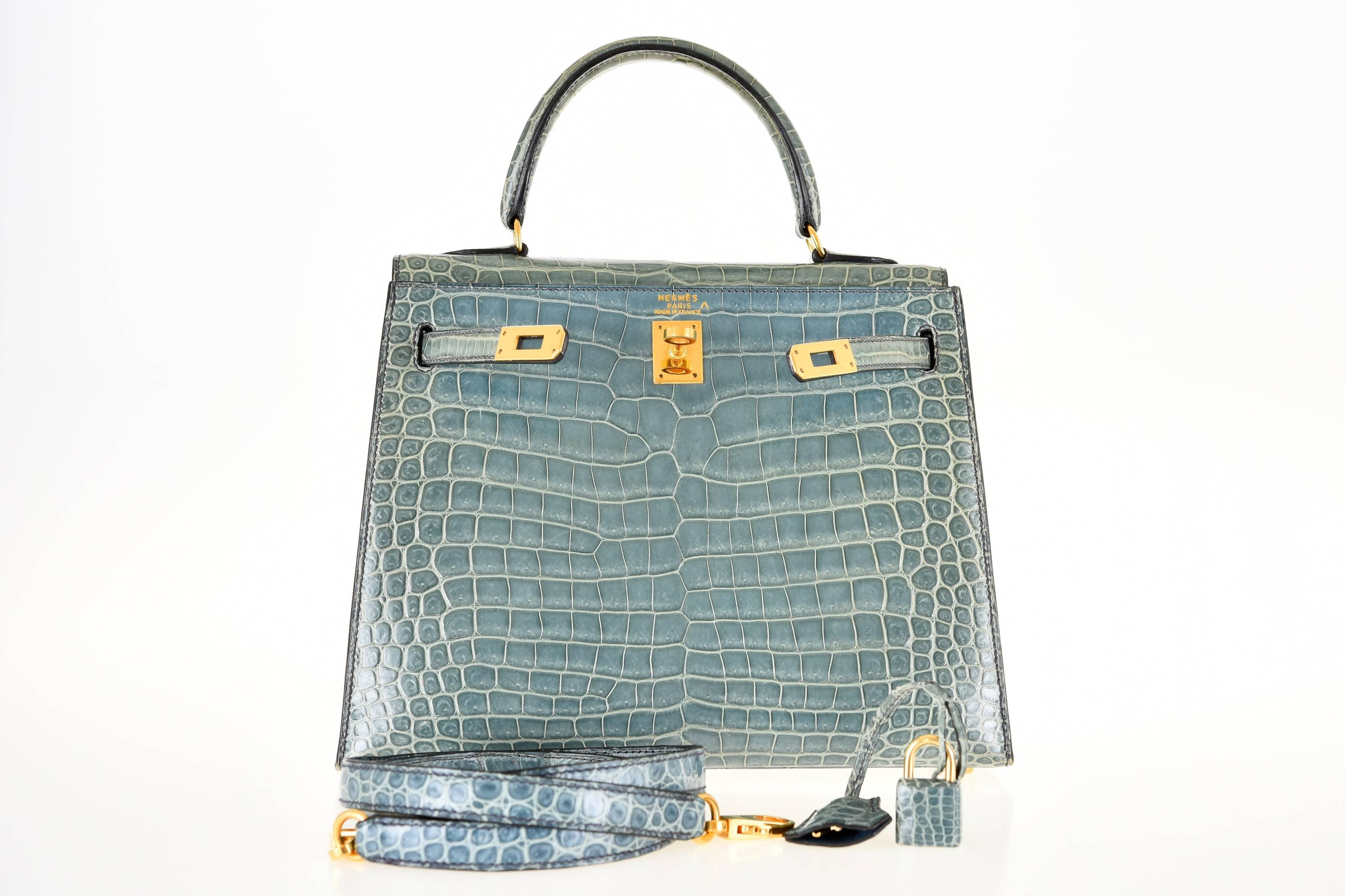 Gray Hermes 25cm Kelly Crocodile Porosus Blue Jean Bag Gold Hardware JaneFinds