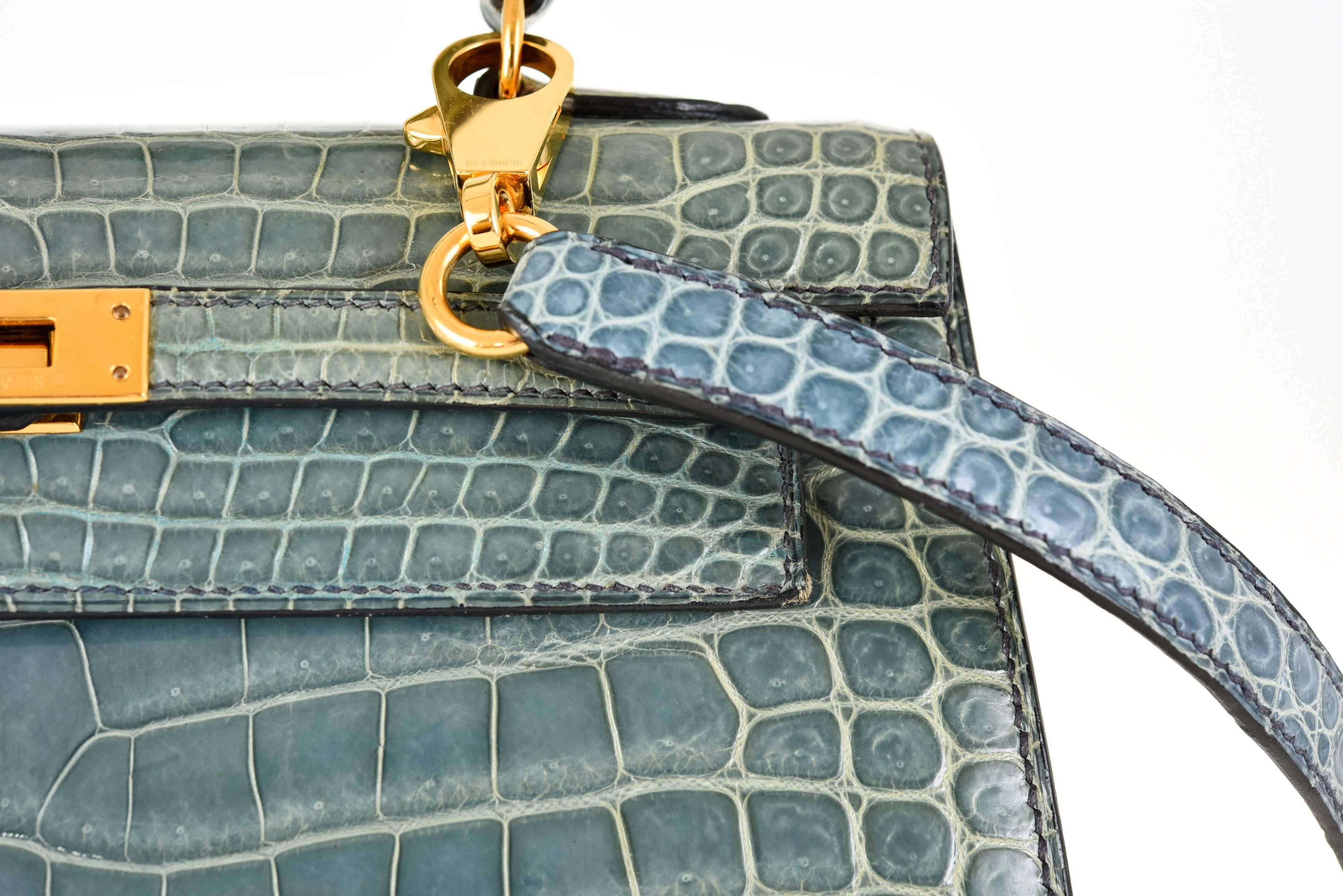 Hermes 25cm Kelly Crocodile Porosus Blue Jean Bag Gold Hardware JaneFinds In Excellent Condition In NYC Tri-State/Miami, NY