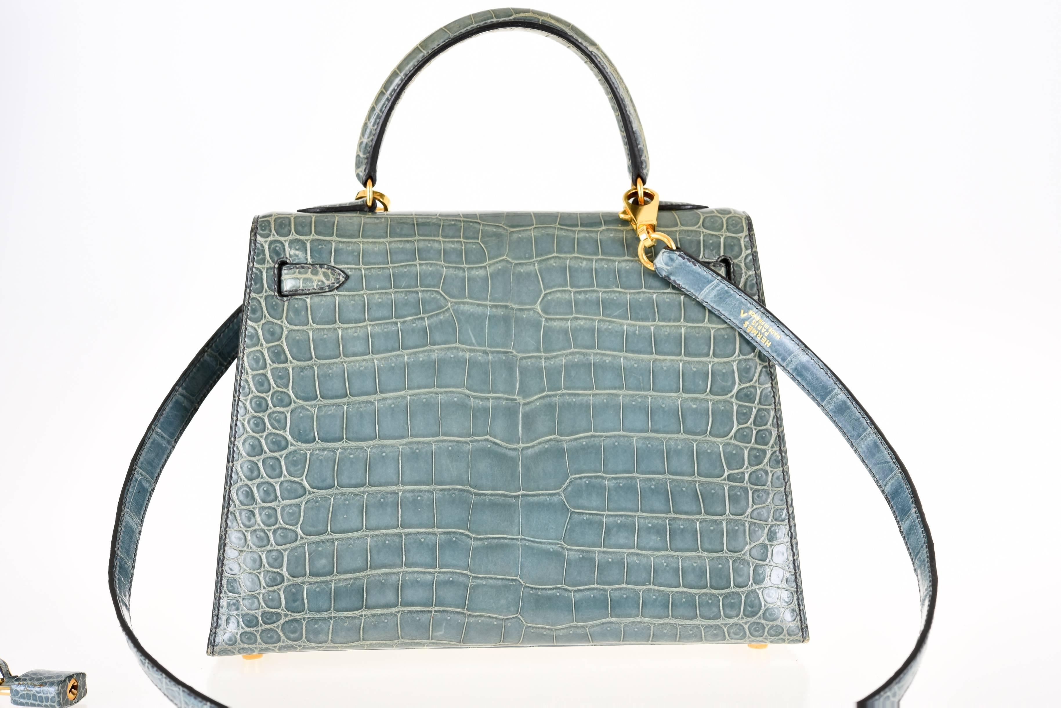 Women's or Men's Hermes 25cm Kelly Crocodile Porosus Blue Jean Bag Gold Hardware JaneFinds