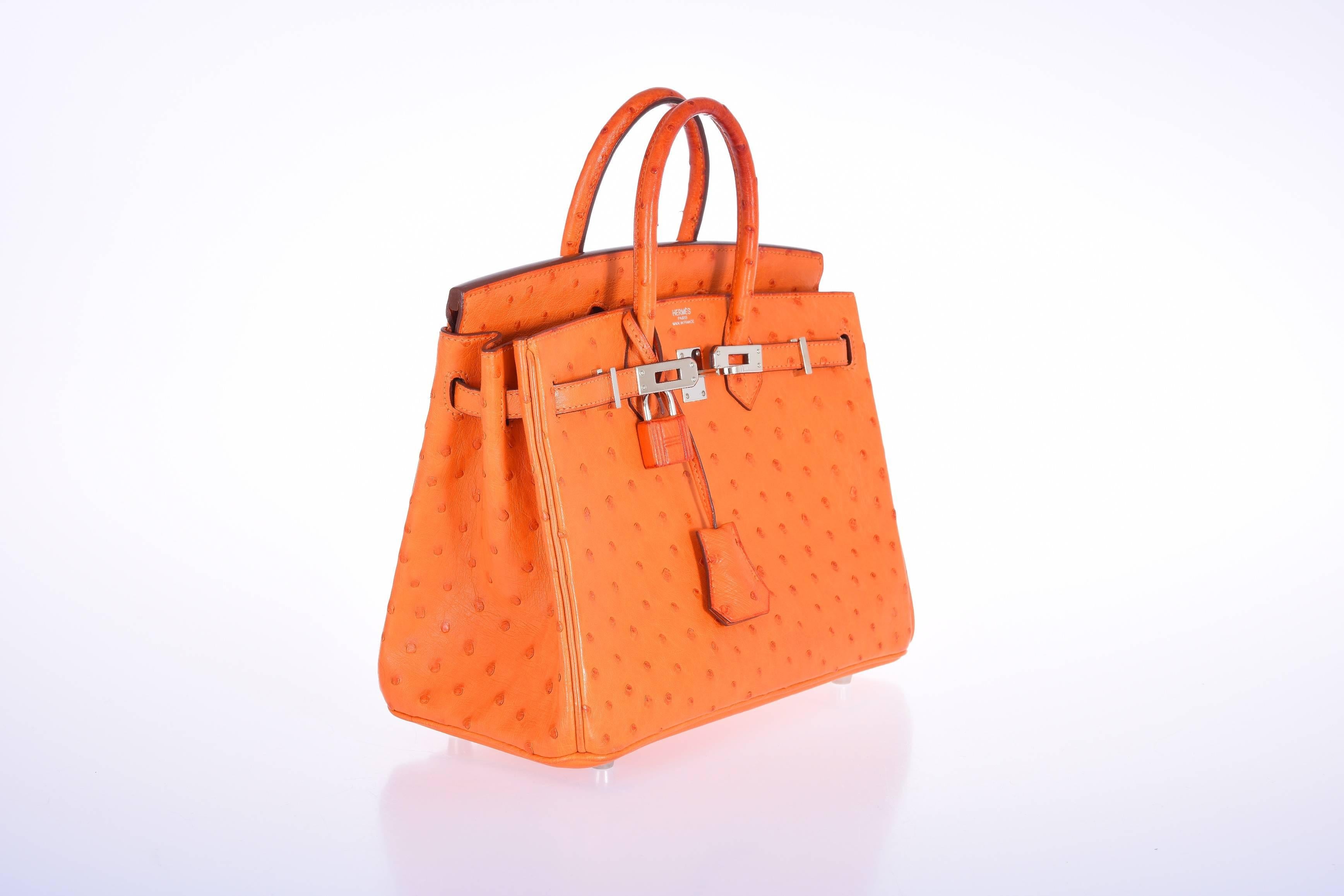 Women's or Men's Hermes Birkin Bag 25cm Birkin Ostrich Orange with Palladium Hardware JaneFinds For Sale