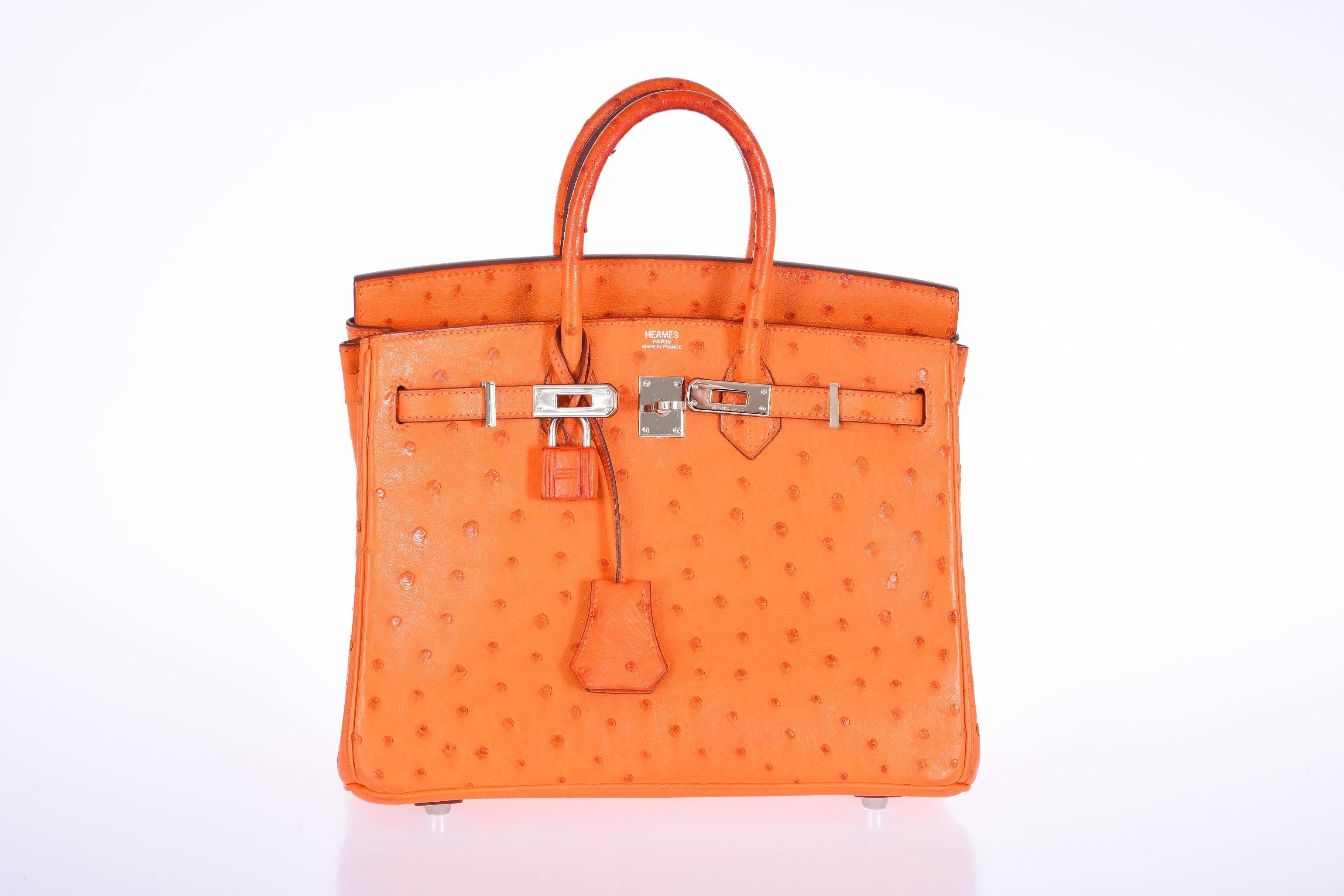 Hermes Birkin Bag 25cm Birkin Ostrich Orange with Palladium Hardware JaneFinds For Sale 1