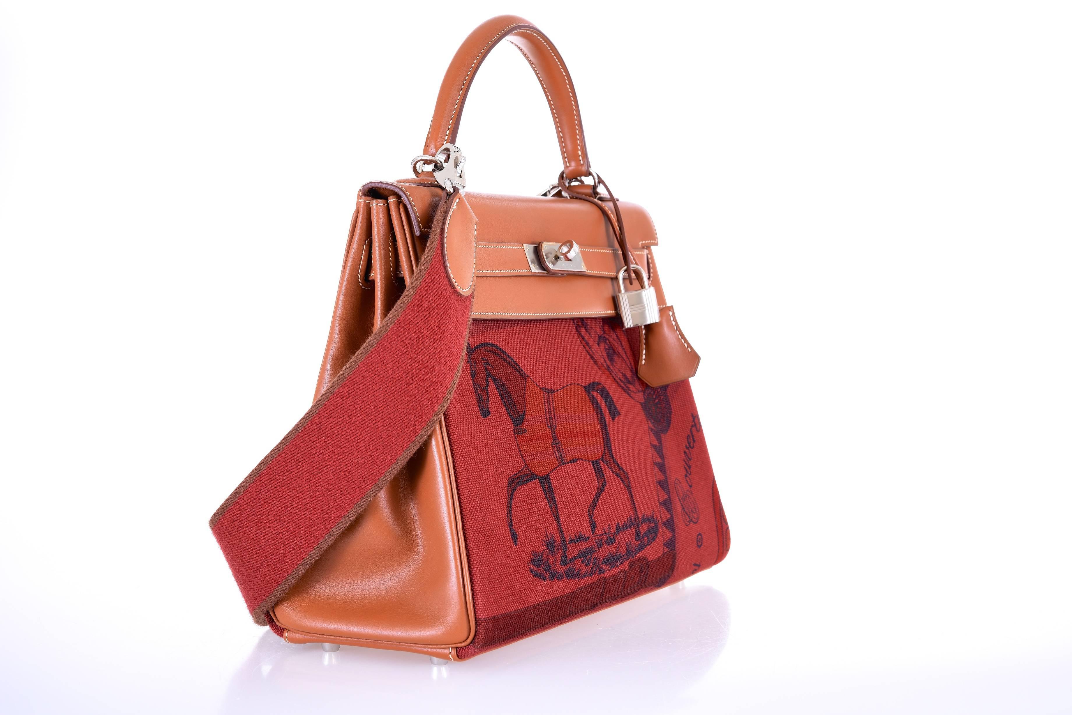 Limited Hermes Kelly 32cm Amazon Barenia Toile Rouge H Horse Print JaneFinds In Excellent Condition In NYC Tri-State/Miami, NY