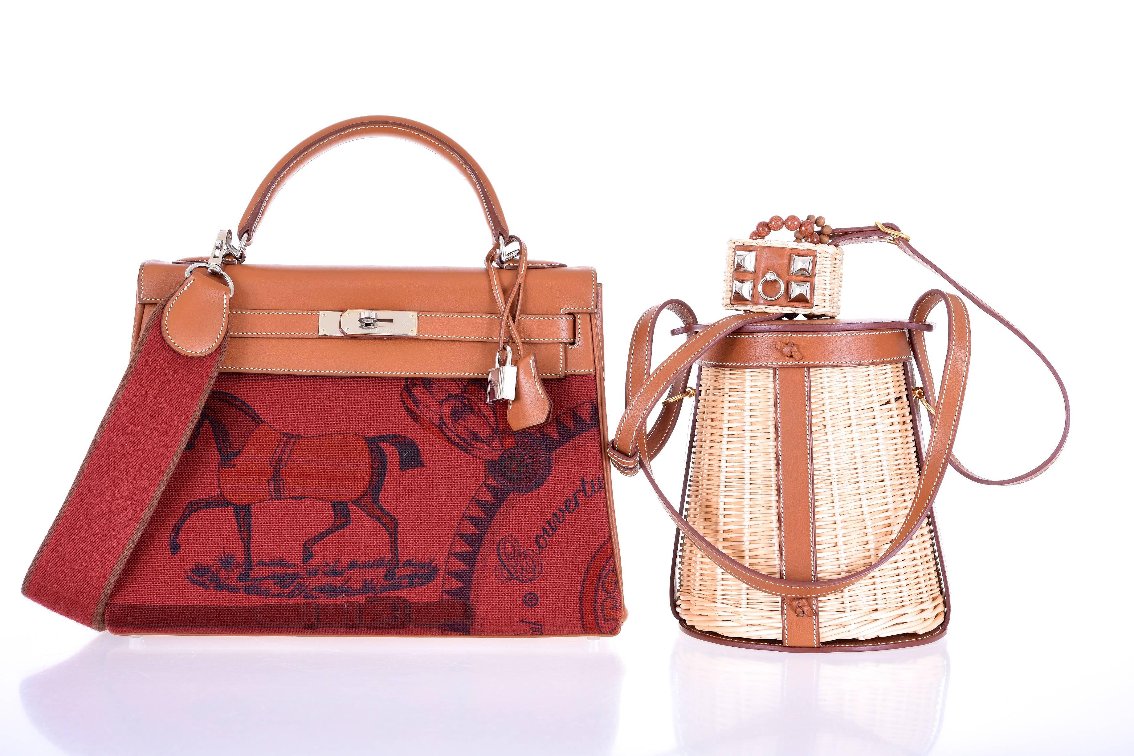 Women's or Men's Limited Hermes Kelly 32cm Amazon Barenia Toile Rouge H Horse Print JaneFinds