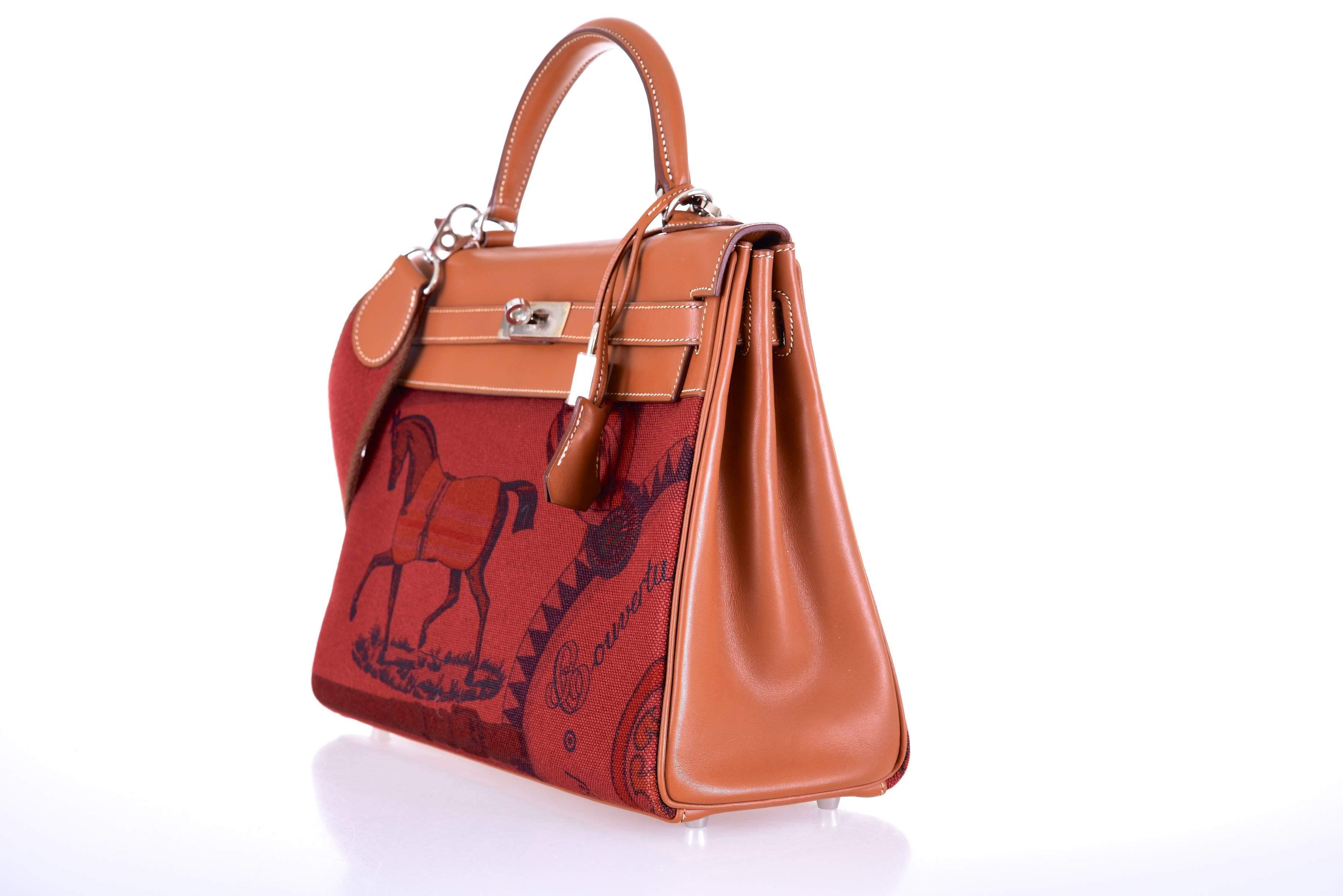 Limited Hermes Kelly 32cm Amazon Barenia Toile Rouge H Horse Print JaneFinds 2