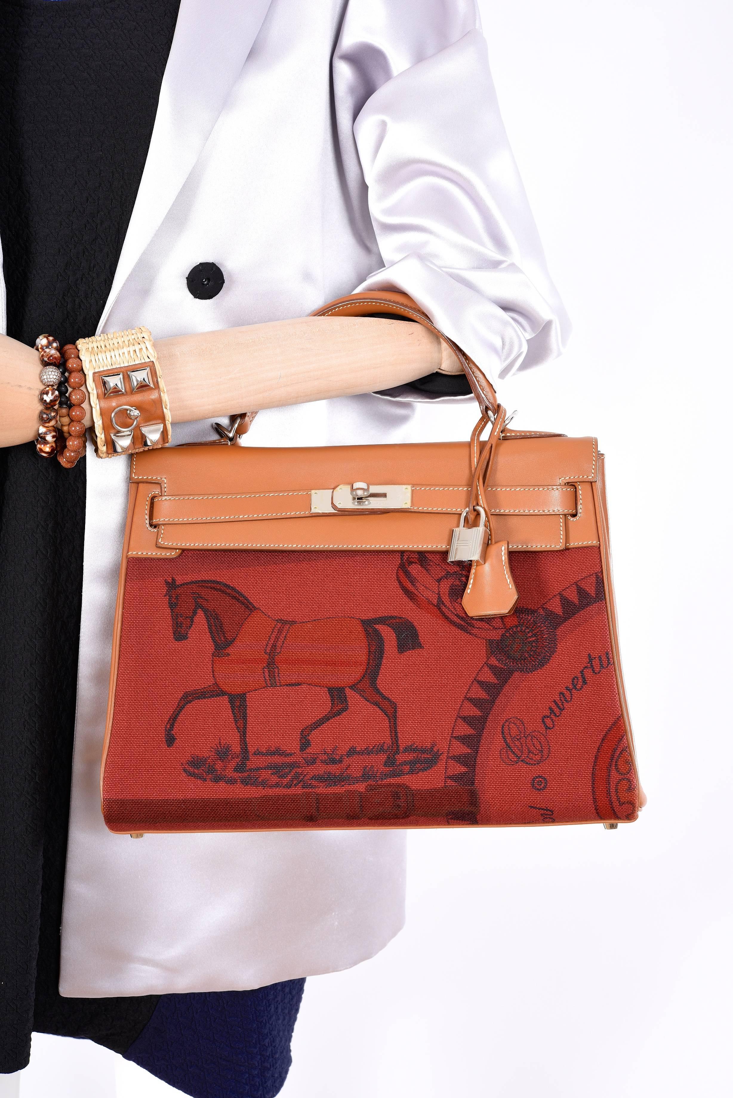 Limited Hermes Kelly 32cm Amazon Barenia Toile Rouge H Horse Print JaneFinds 4