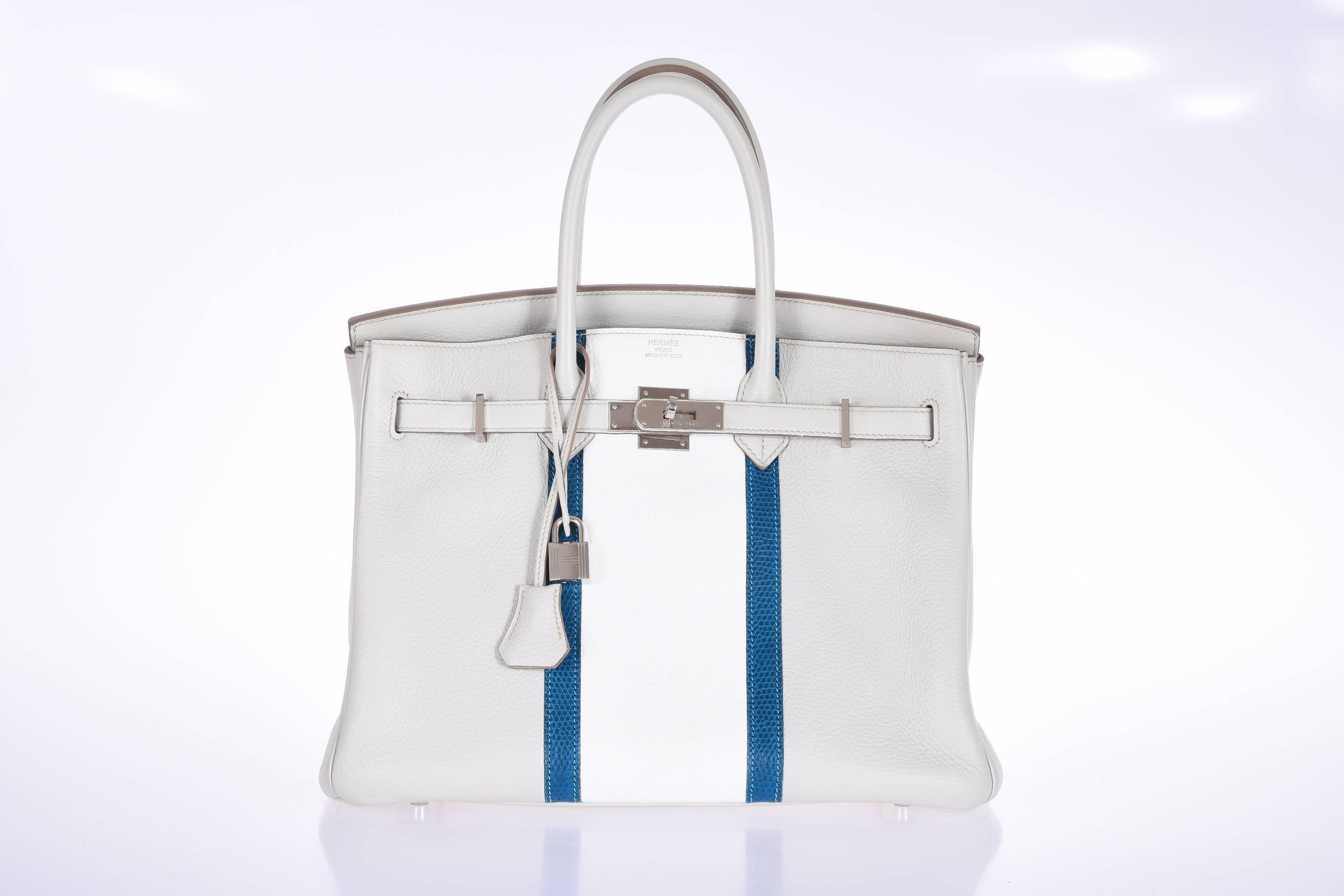 Excellent Condition 
Limited edition Hermes Club Birkin Gris Perle, White Clemence and Mykonos Lizard 35cm.
Subtle elegance with a playful twist. Finely crafted in luxurious gris perle with white clemence leather panelling, this one-of-a-kind