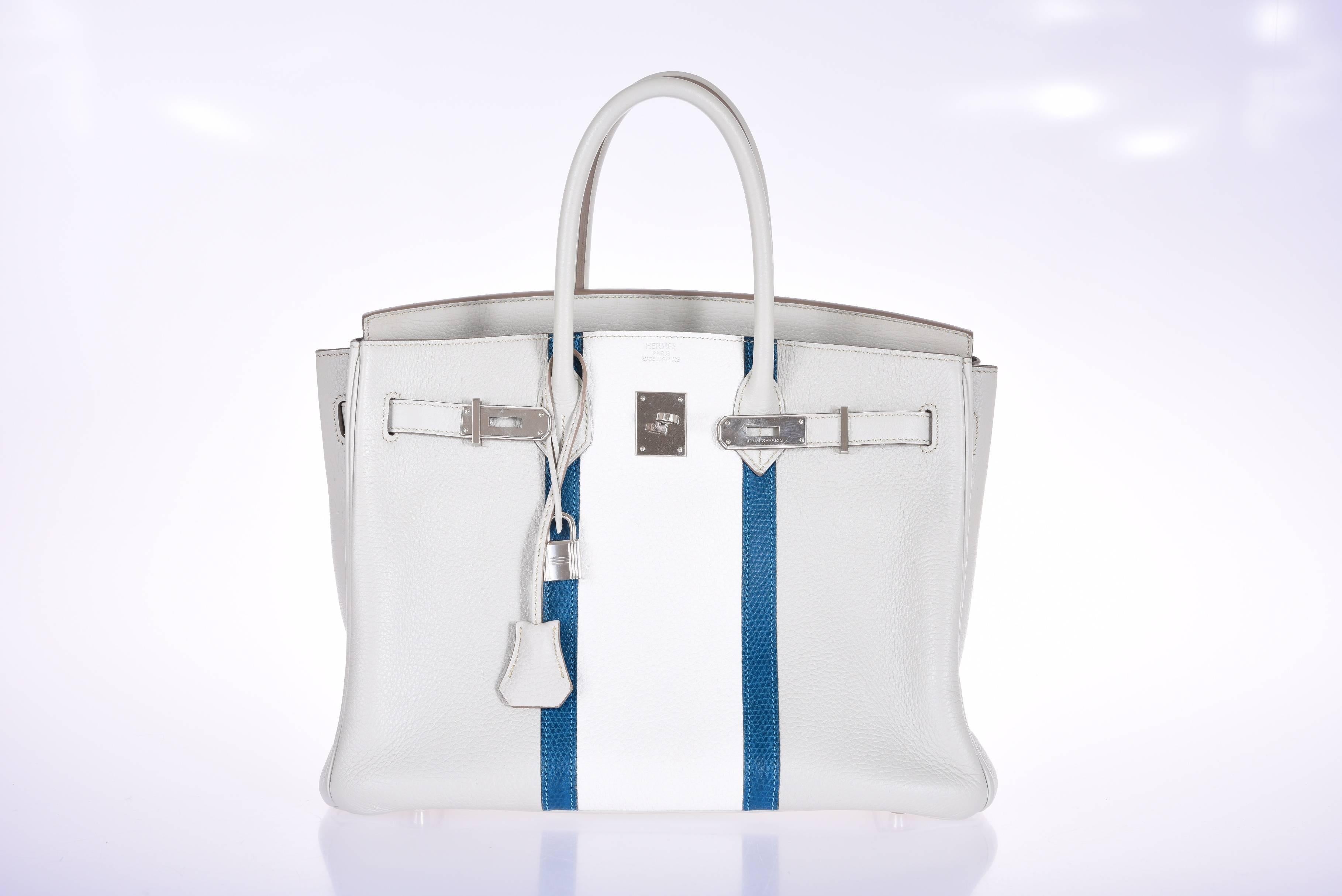 Hermes Club Birkin 35cm Bag Gris Perle Mykonos White Clemence Lizard JaneFinds In Excellent Condition In NYC Tri-State/Miami, NY