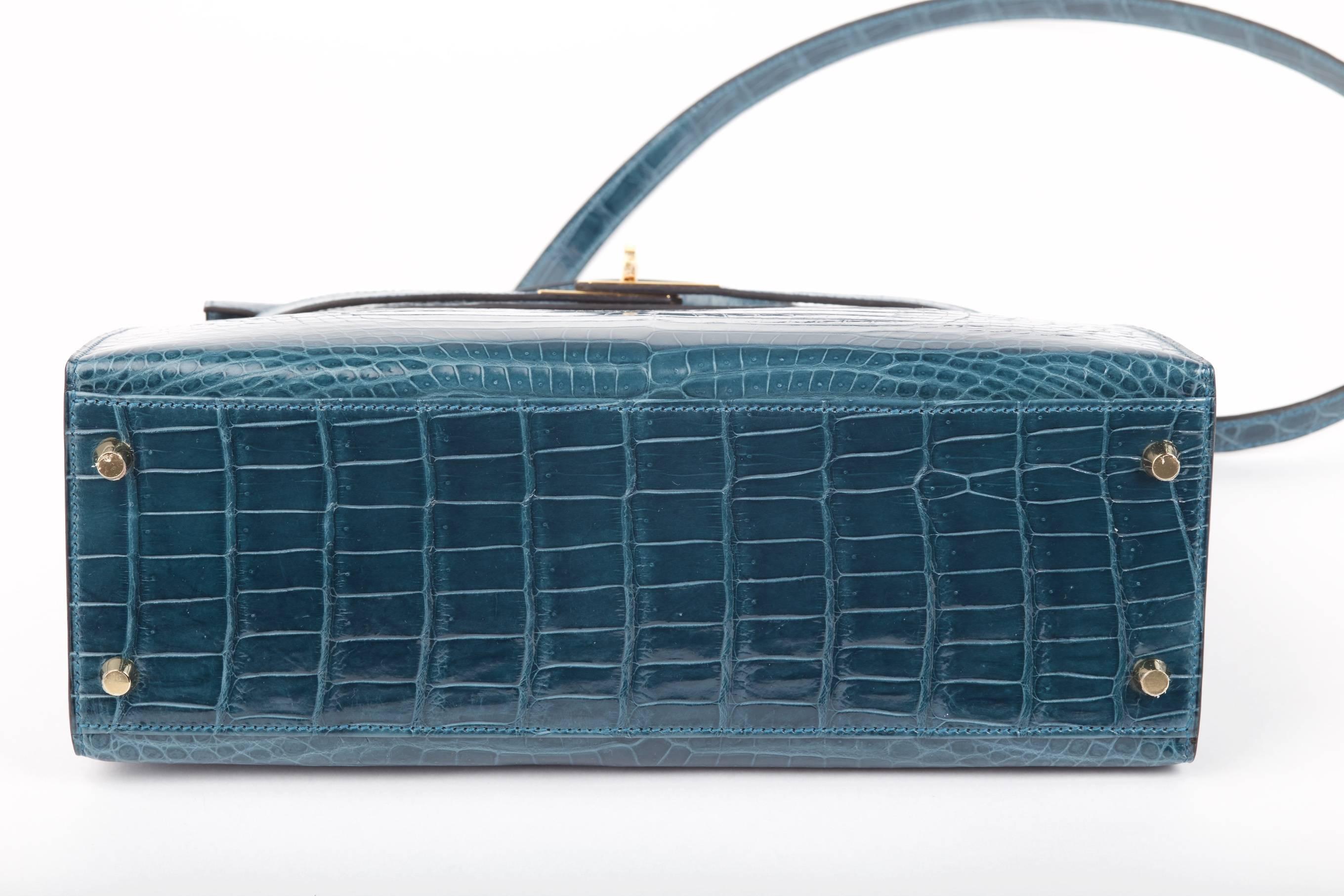 Women's or Men's Hermes Kelly 32cm Bag Blue Roi Porosus Crocodile Gold hardware JaneFinds