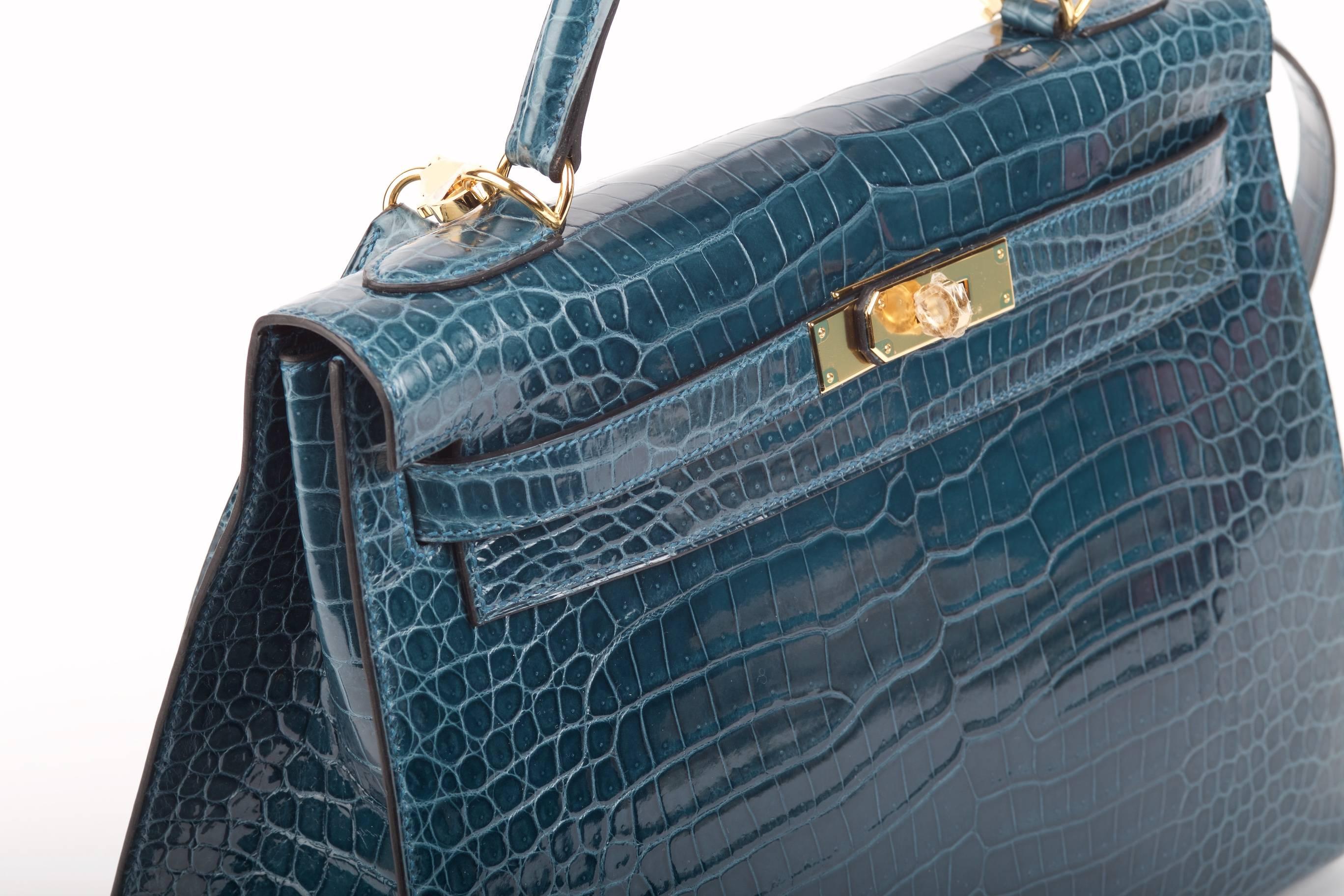 Hermes Kelly 32cm Bag Blue Roi Porosus Crocodile Gold hardware JaneFinds 4