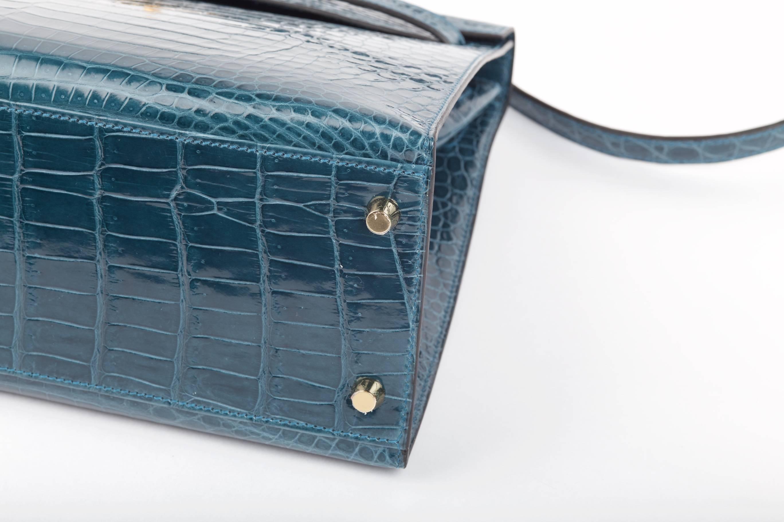Hermes Kelly 32cm Bag Blue Roi Porosus Crocodile Gold hardware JaneFinds 1