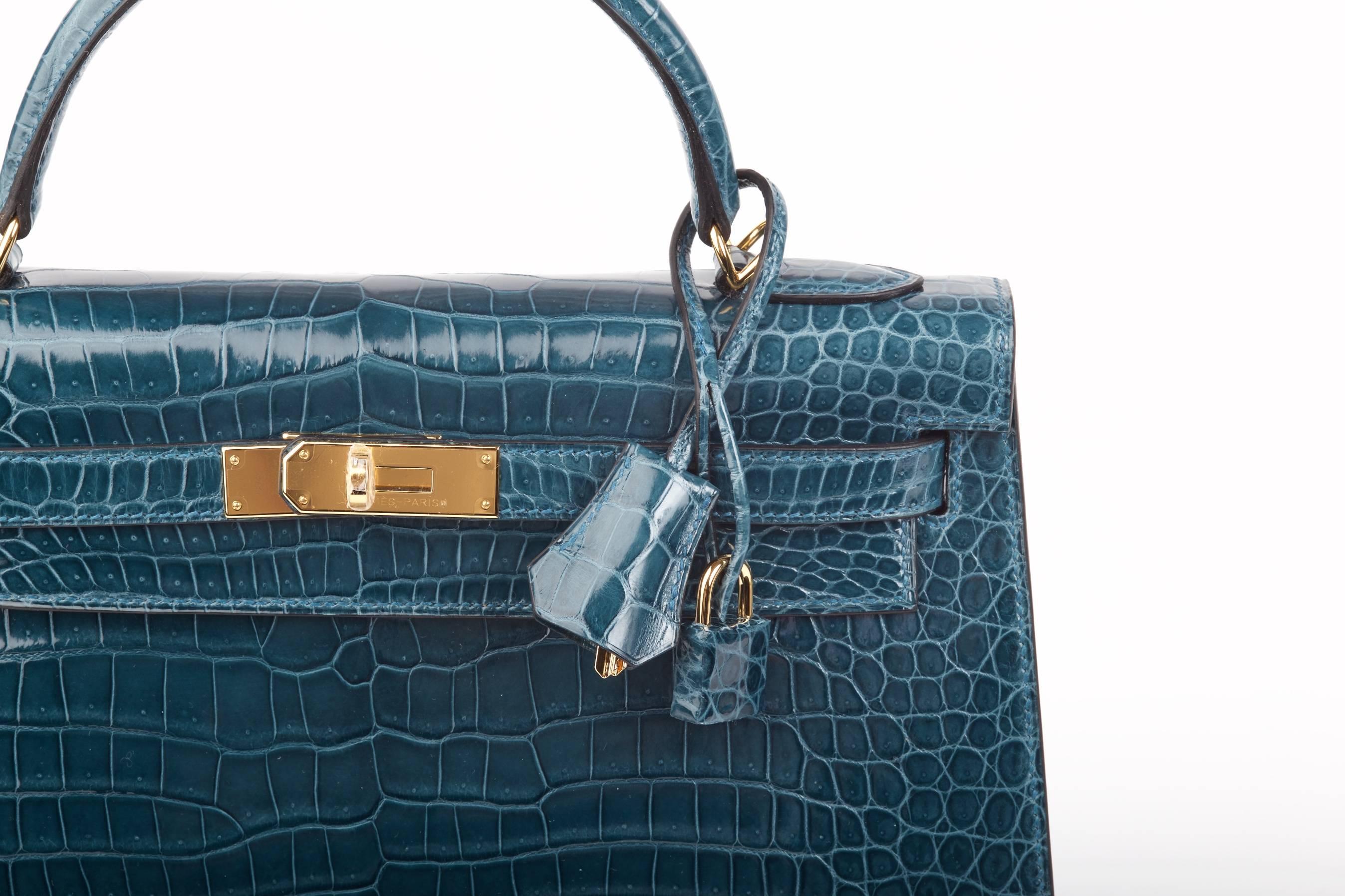 Hermes Kelly 32cm Bag Blue Roi Porosus Crocodile Gold hardware JaneFinds 2