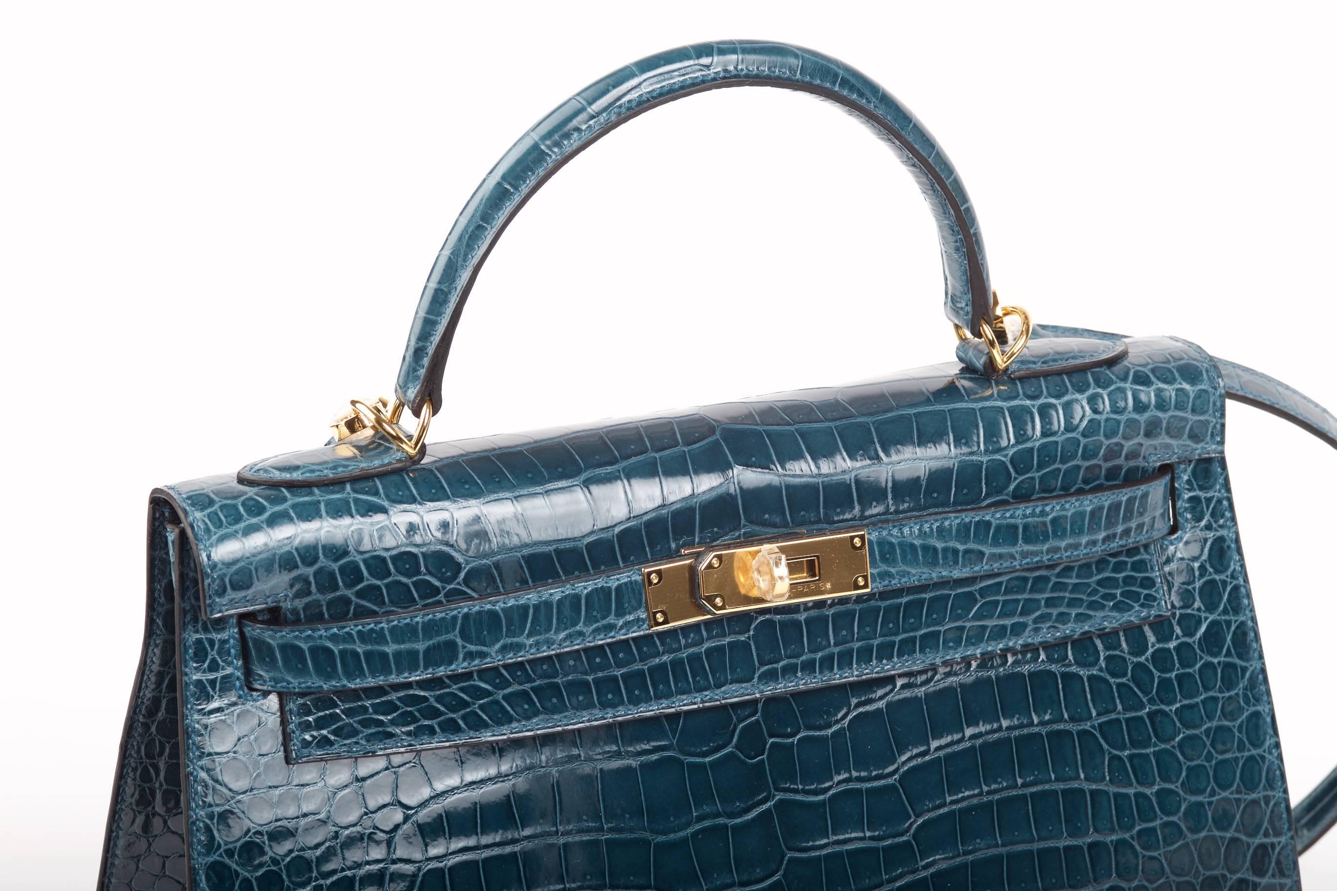 Hermes Kelly 32cm Bag Blue Roi Porosus Crocodile Gold hardware JaneFinds 5