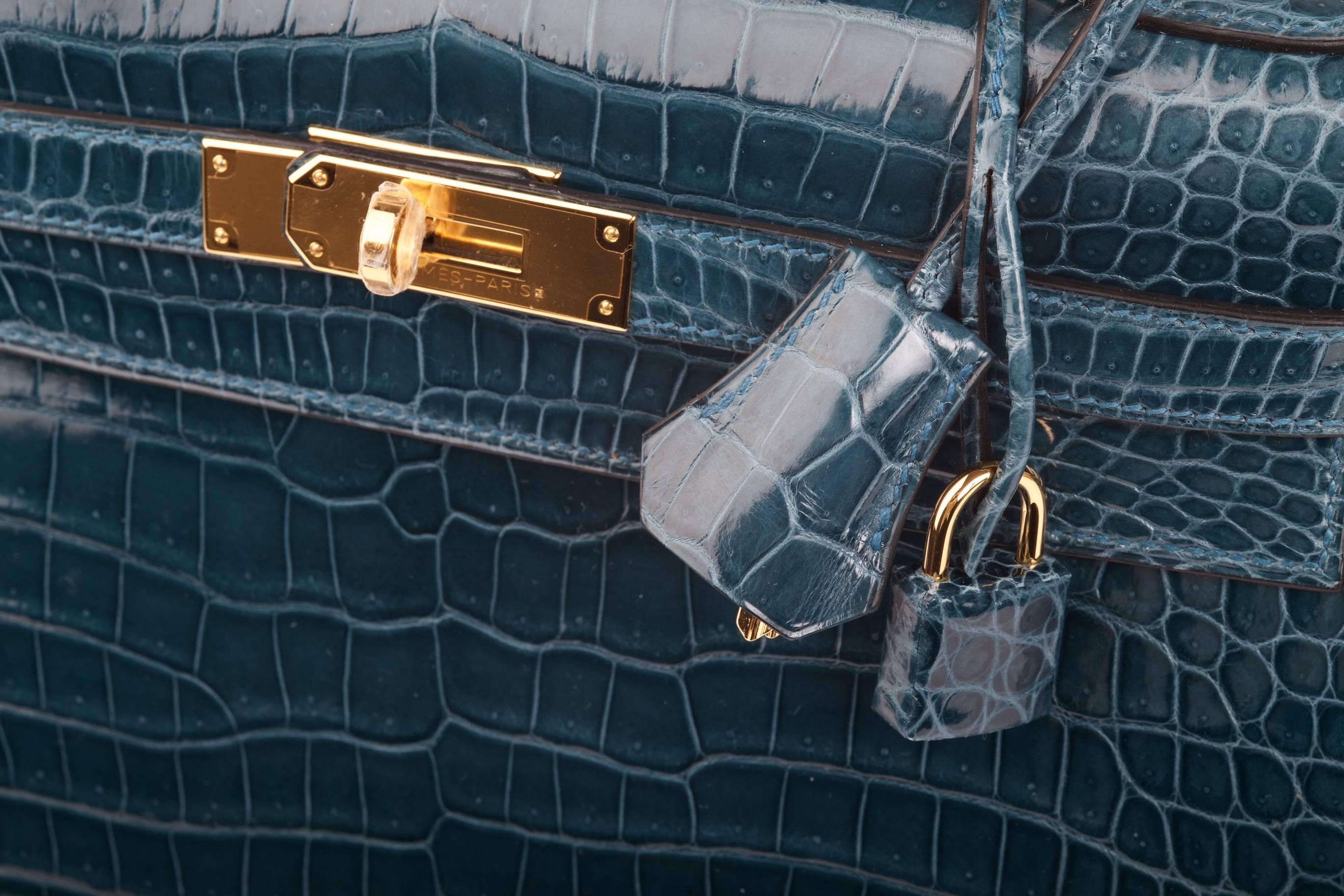 Hermes Kelly 32cm Bag Blue Roi Porosus Crocodile Gold hardware JaneFinds 6