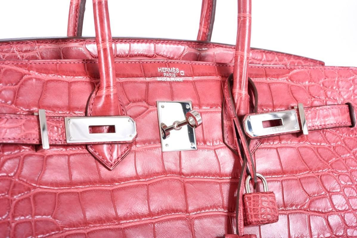 Pink Hermes Birkin Bag 35cm Matte Bois De Rose Crocodile JaneFinds