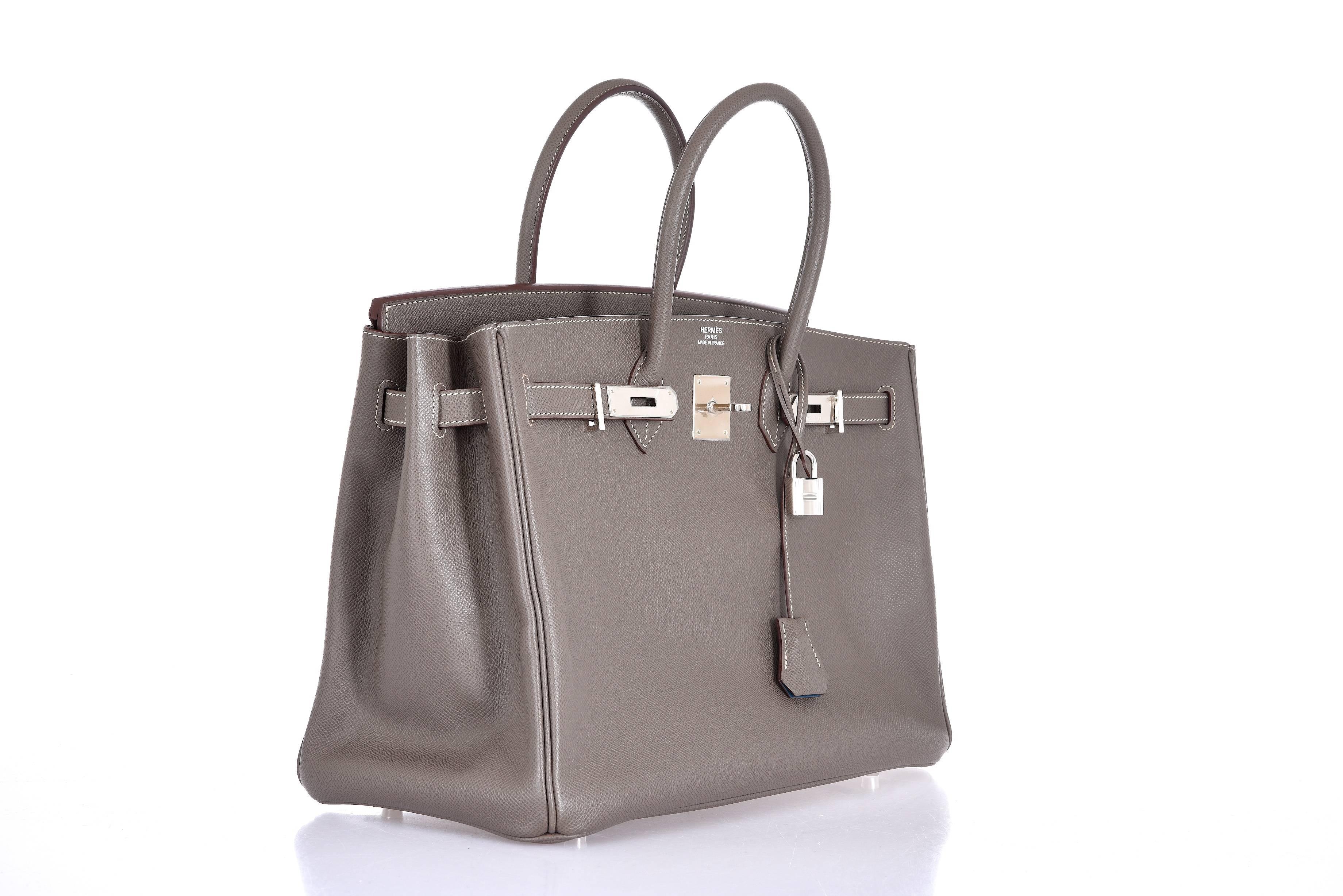 Gray Hermes Candy 35cm Birkin Bag Etain with Blue Thalassa interior Epsom JaneFinds