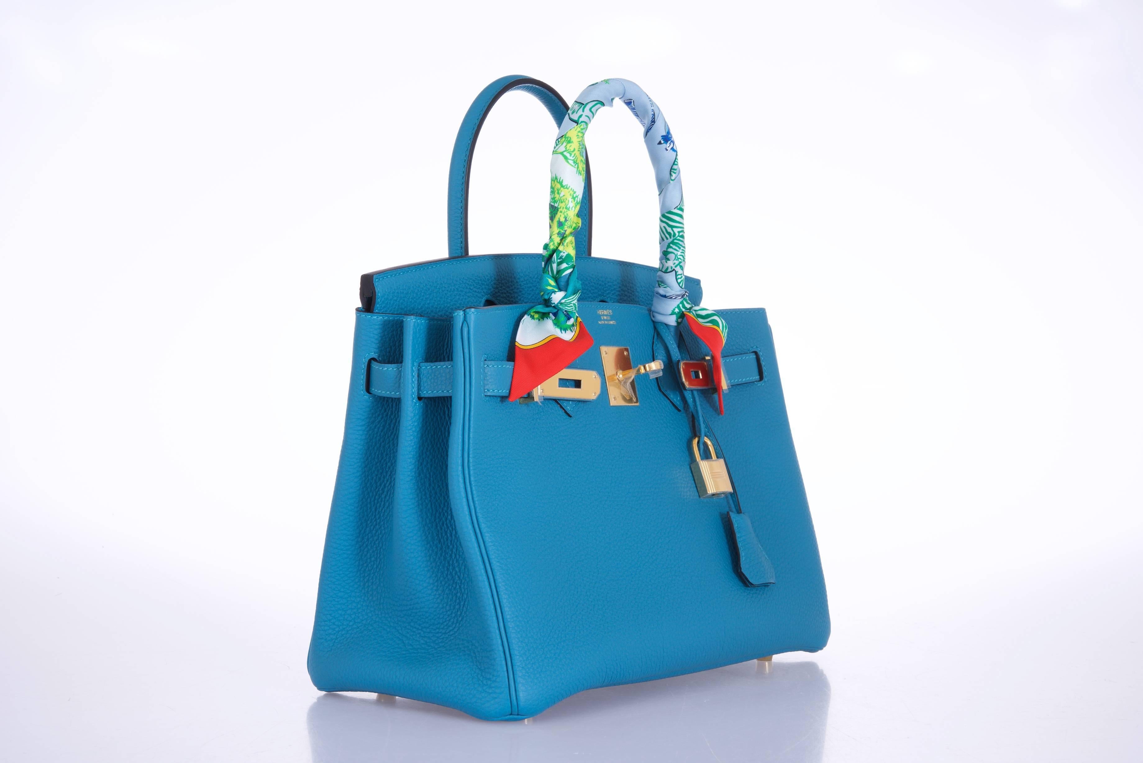 Hermes 30cm Turquoise with Gold hardware 
New 
Hardware: Gold
Country of Origin: France
Color: Turquoise
Closure: Toggle
Handle Drop (in inches): 4.25
Authenticity Details: Hermes markings
Primary Material: Leather
Height (in inches):