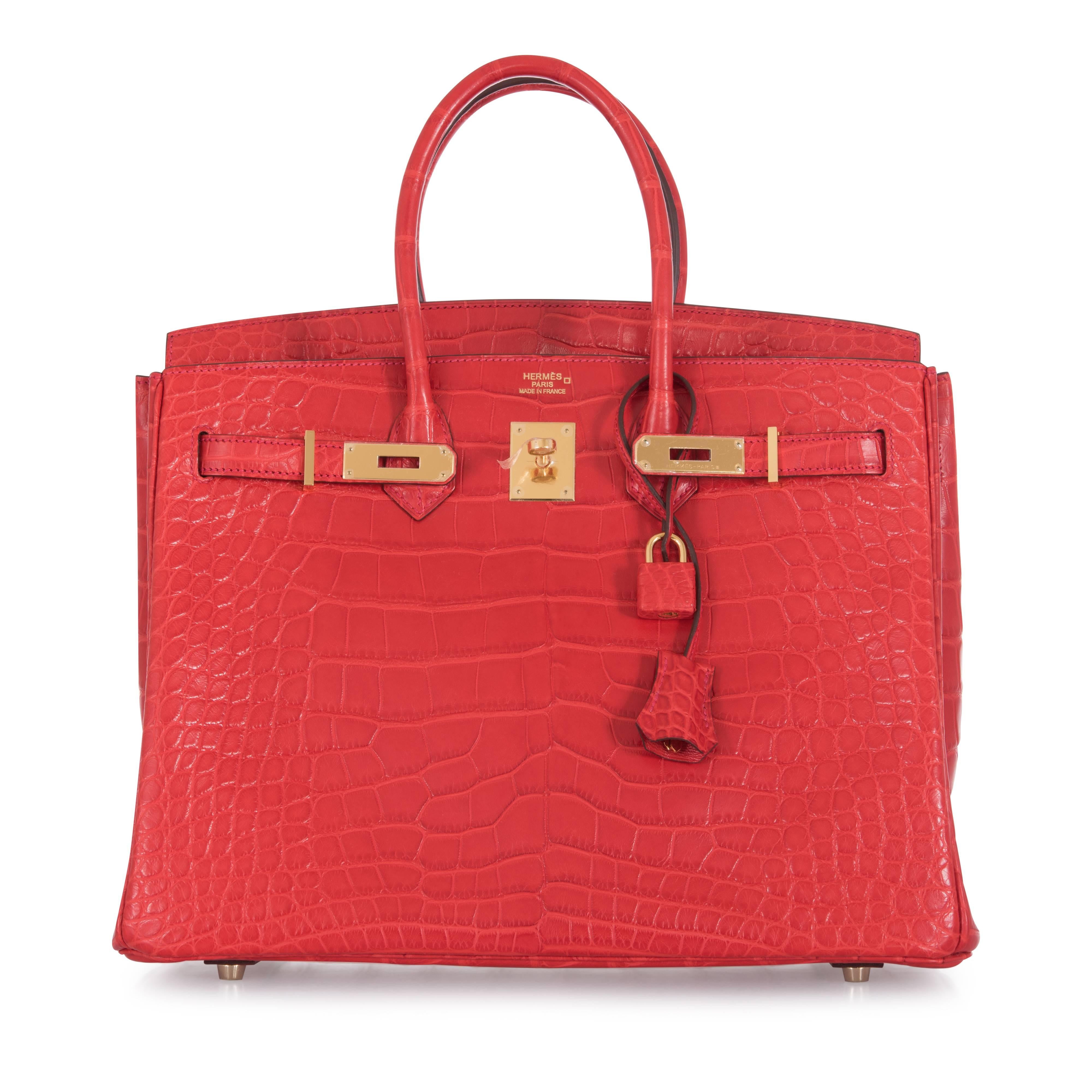 Hermes 35cm Birkin bag Geranium alligator crocodile with incredible gold hardware ! 

New Condition

Hardware: gold
Country of Origin: France
Color: Geranium 
Accompanied by: Care Booklet; Dust Bag; clochette lock and key  Plastic Raincoat