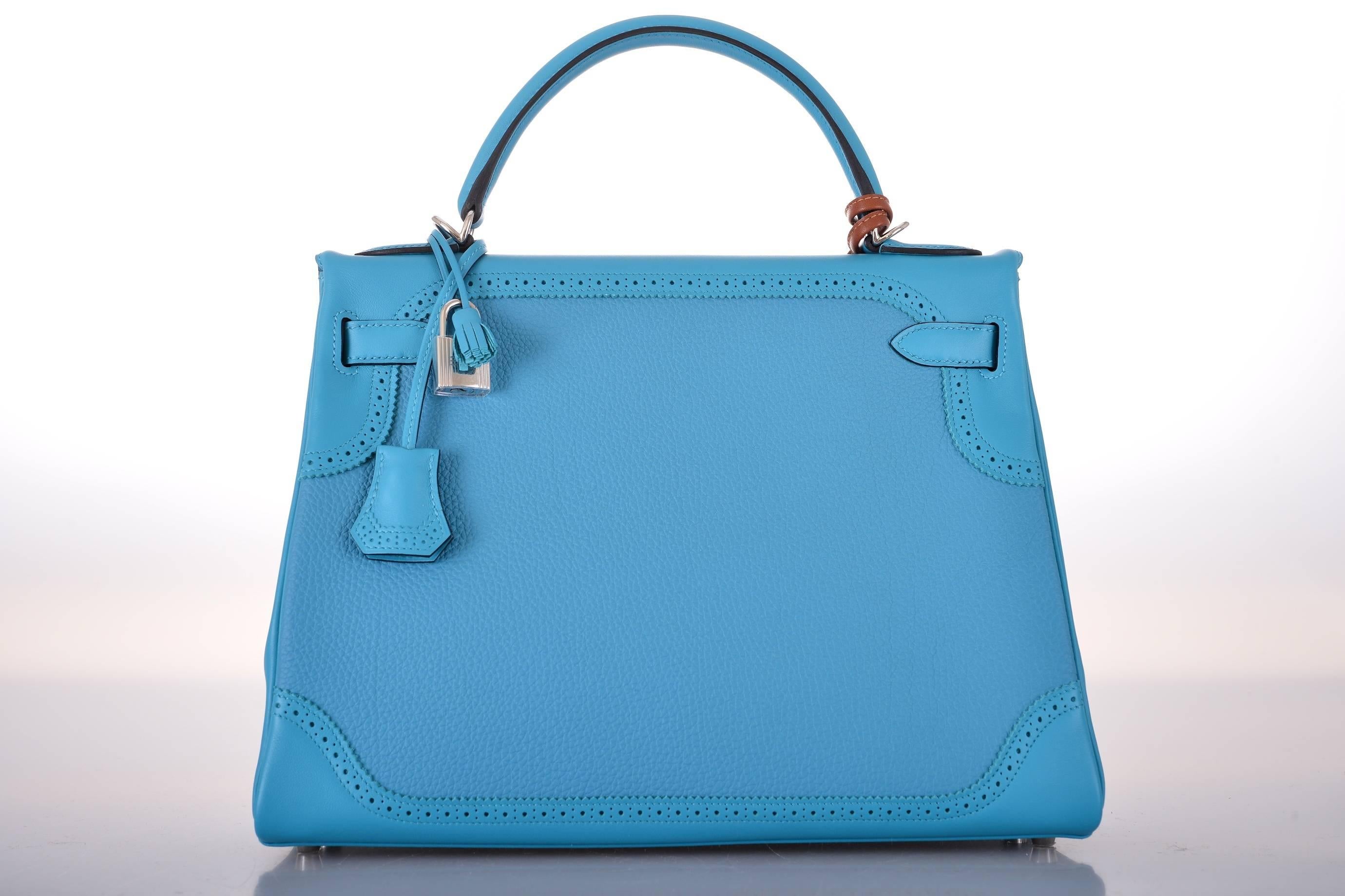 HERMES Ghillies Kelly Swift Mix 32cm Turquoise BAG JaneFinds In New Condition For Sale In NYC Tri-State/Miami, NY