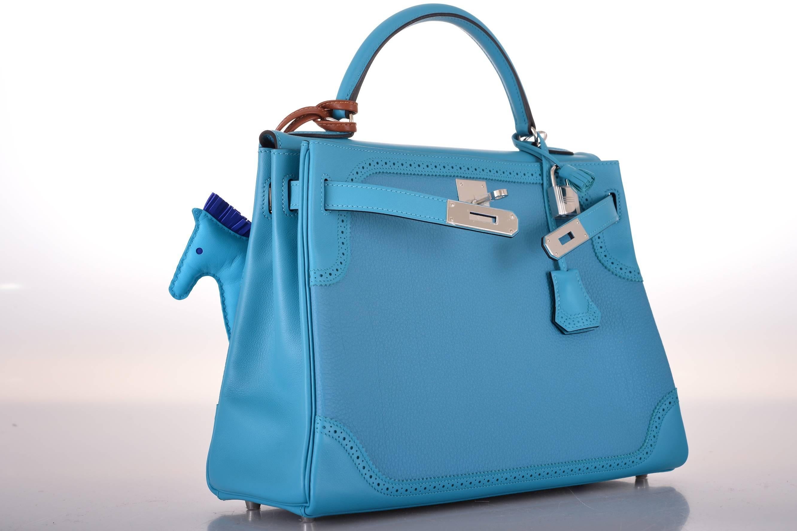 Women's HERMES Ghillies Kelly Swift Mix 32cm Turquoise BAG JaneFinds For Sale