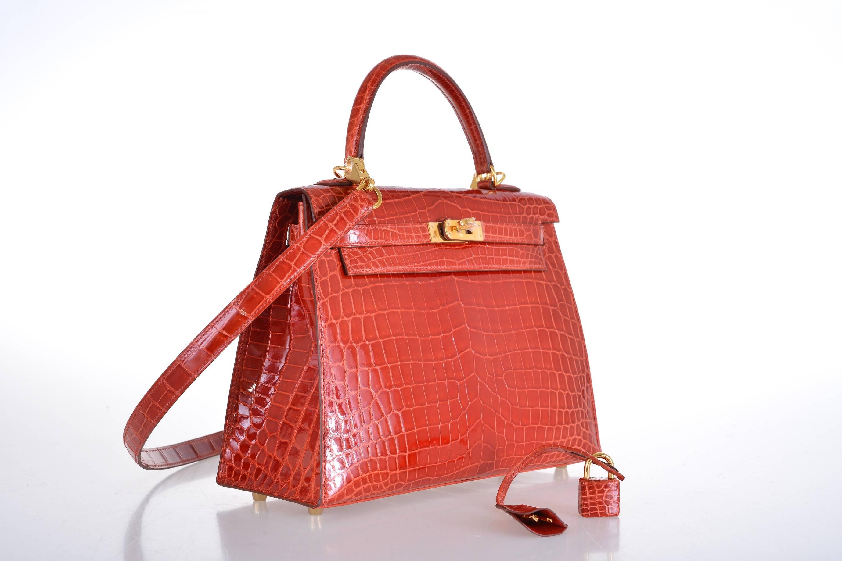 HERMES KELLY BAG 25CM SANGUINE NILO CROCDILE GOLD HARDWARE JaneFinds In New Condition In NYC Tri-State/Miami, NY