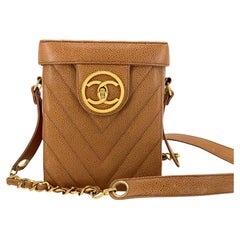 Chanel Vintage Caviar Caramel Brown Chevron Encircled CC Vanity Case Bag 67996