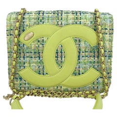 Chanel 2019 Lime Green Giant Logo Tweed Flap Bag GHW 69168