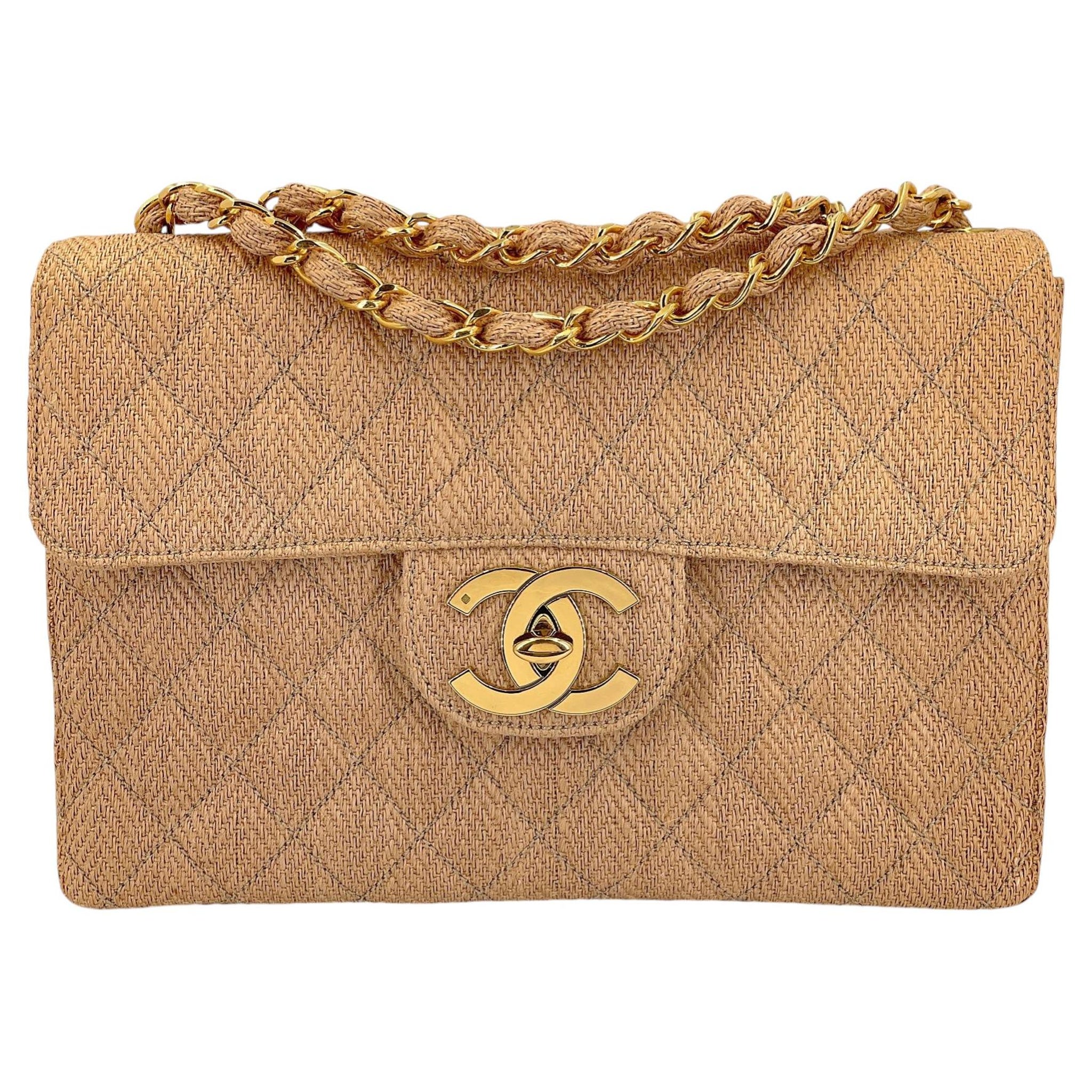 Chanel Vintage Wool Tweed Beige Classic Jumbo Clutch Flap Bag 24k GHW 69355