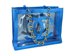 Rare Chanel 1995 "Barbie Collection" Metallic Blue Clear Tote Bag 24k GHW 69358