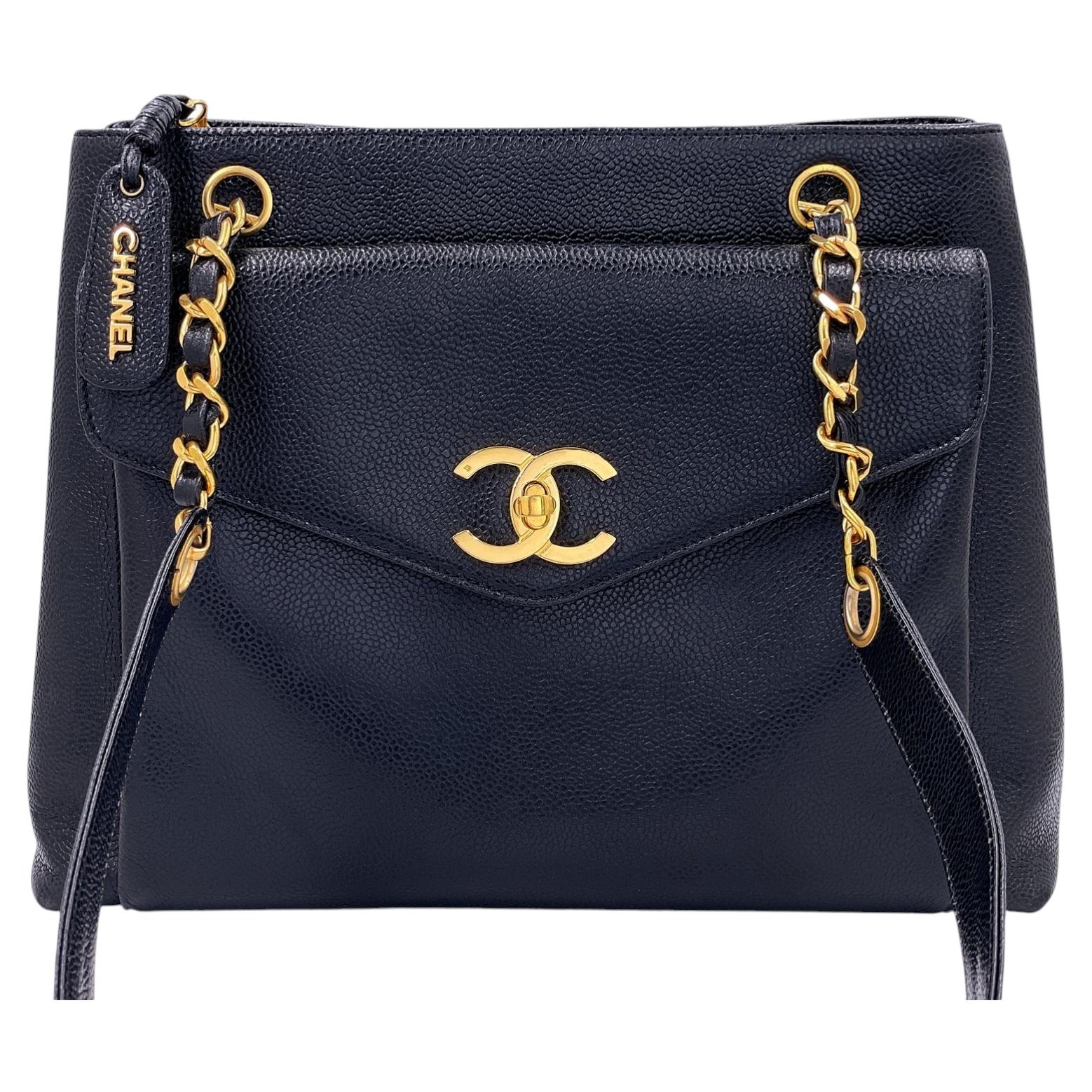Chanel Vintage Black Caviar Medium Envelope Flap Shopper Tote Bag 24k GHW 69375