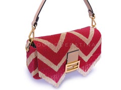 Bolso Baguette de FENDI con flecos bordados a mano, rojo y marfil, con abalorios y doble uso, GHW 69435