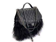 Chanel 14A Black Mongolian Lamb Fur Paris-Dallas Fringe Saddle Flap Bag 68955