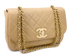 Chanel 2001 Vintage Beige Caviar Jumbo Classic Flap Bag 24k GHW Curved 68128