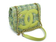 Chanel 2019 Lime Green Giant Logo Tweed Flap Bag GHW 69168