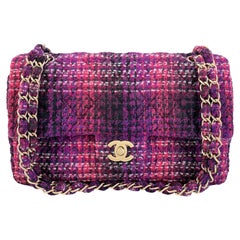 Chanel Fuchsia Purple Tweed Fused Chain Medium Classic Double Flap Bag GHW 68202