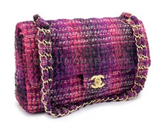 Chanel Fuchsia Purple Tweed Fused Chain Medium Classic Double Flap Bag GHW 68202