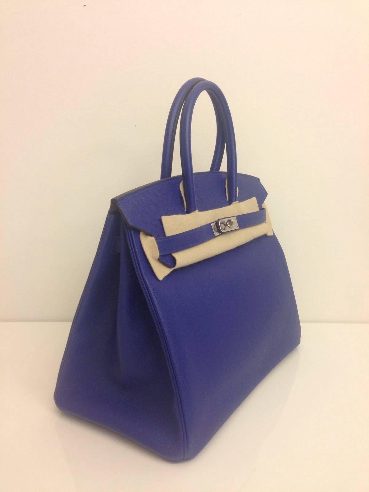 Hermes 
Birkin Size 35
Epsom leather 
Colour Electric Blue
Palladium (silver) hardware 
store fresh, comes with receipt and full set (dust bag, box...) 
Hydeparkfashion specializes in sourcing and delivering authentic luxury handbags, mainly