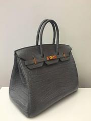 Brand New Hermes Birkin 35 Gris De Paris Matte Croc Gold Hardware