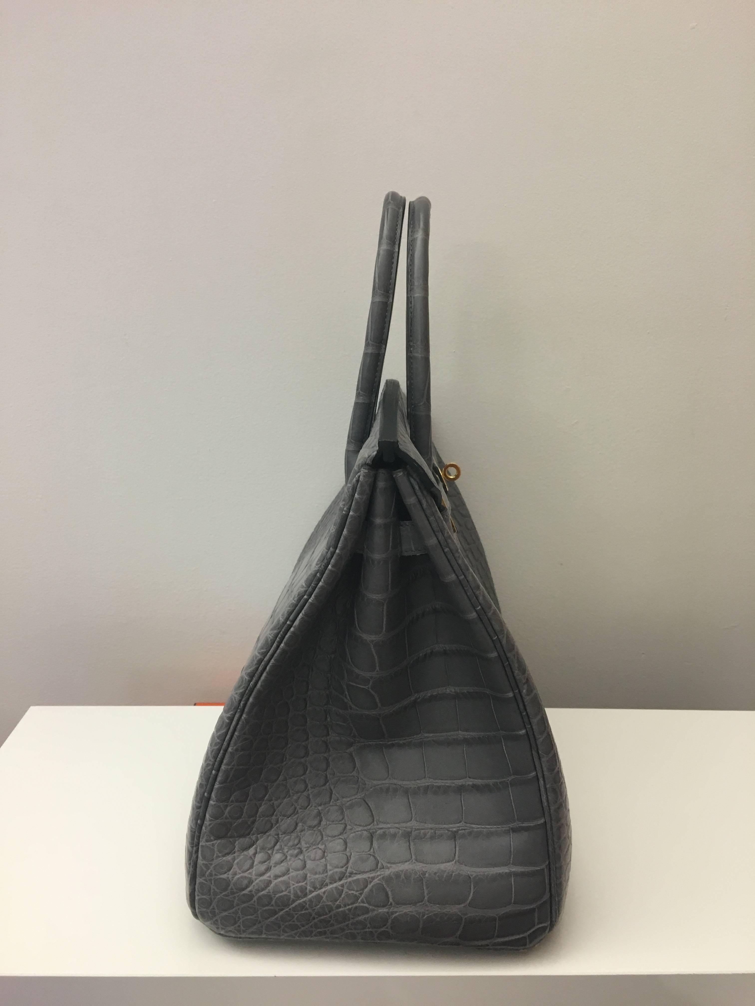Gray Brand New Hermes Birkin 35 Gris De Paris Matte Croc Gold Hardware