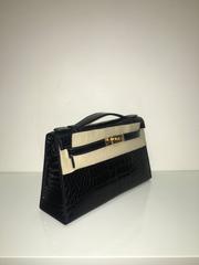 Hermes Kelly Pochette Bleu Marine Shiny Croc GHW