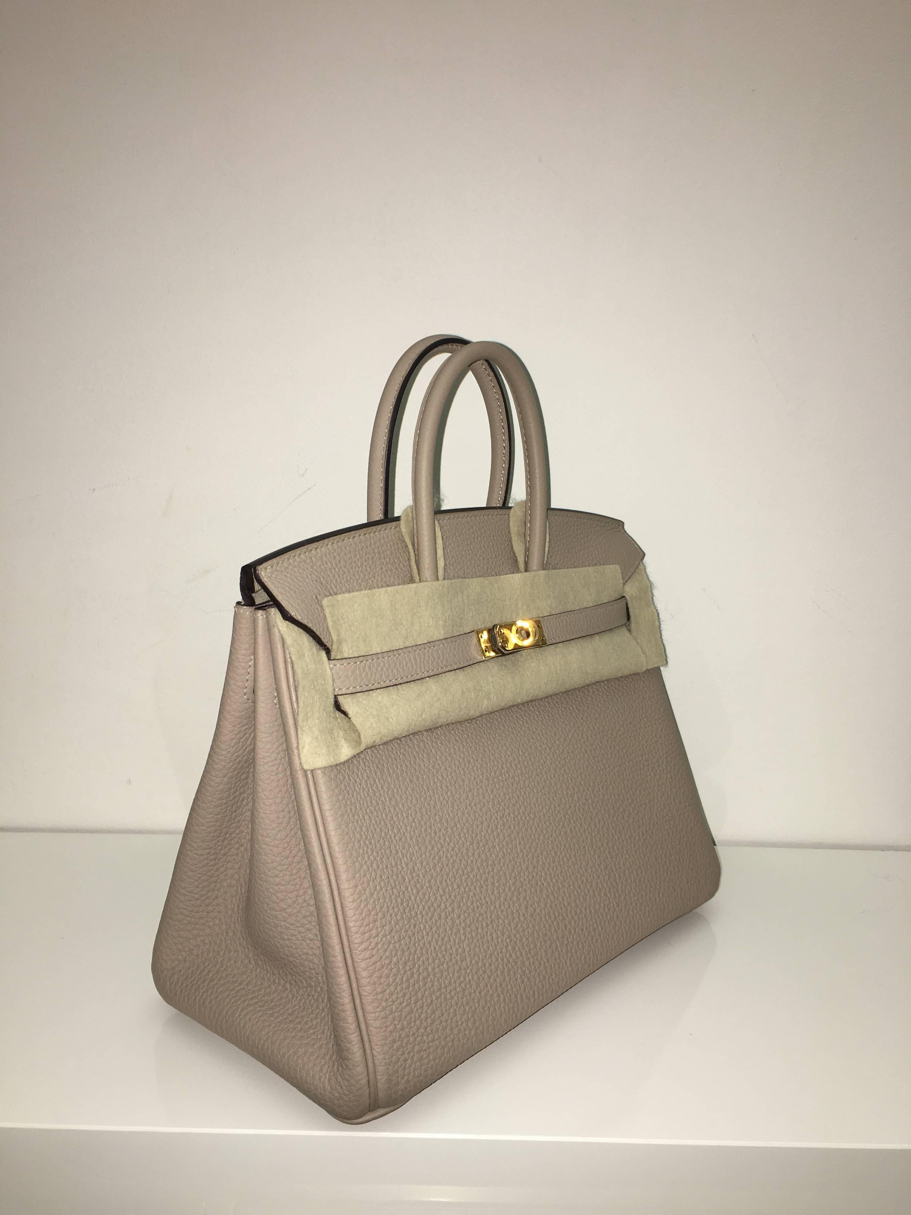 Hermes 
Birkin Size 25
Togo Leather 
Colour Gris Tourterelle
Gold Hardware 
store fresh, comes with receipt and full set (dust bag, box...) 
Hydeparkfashion specializes in sourcing and delivering authentic luxury handbags, mainly Hermes, to