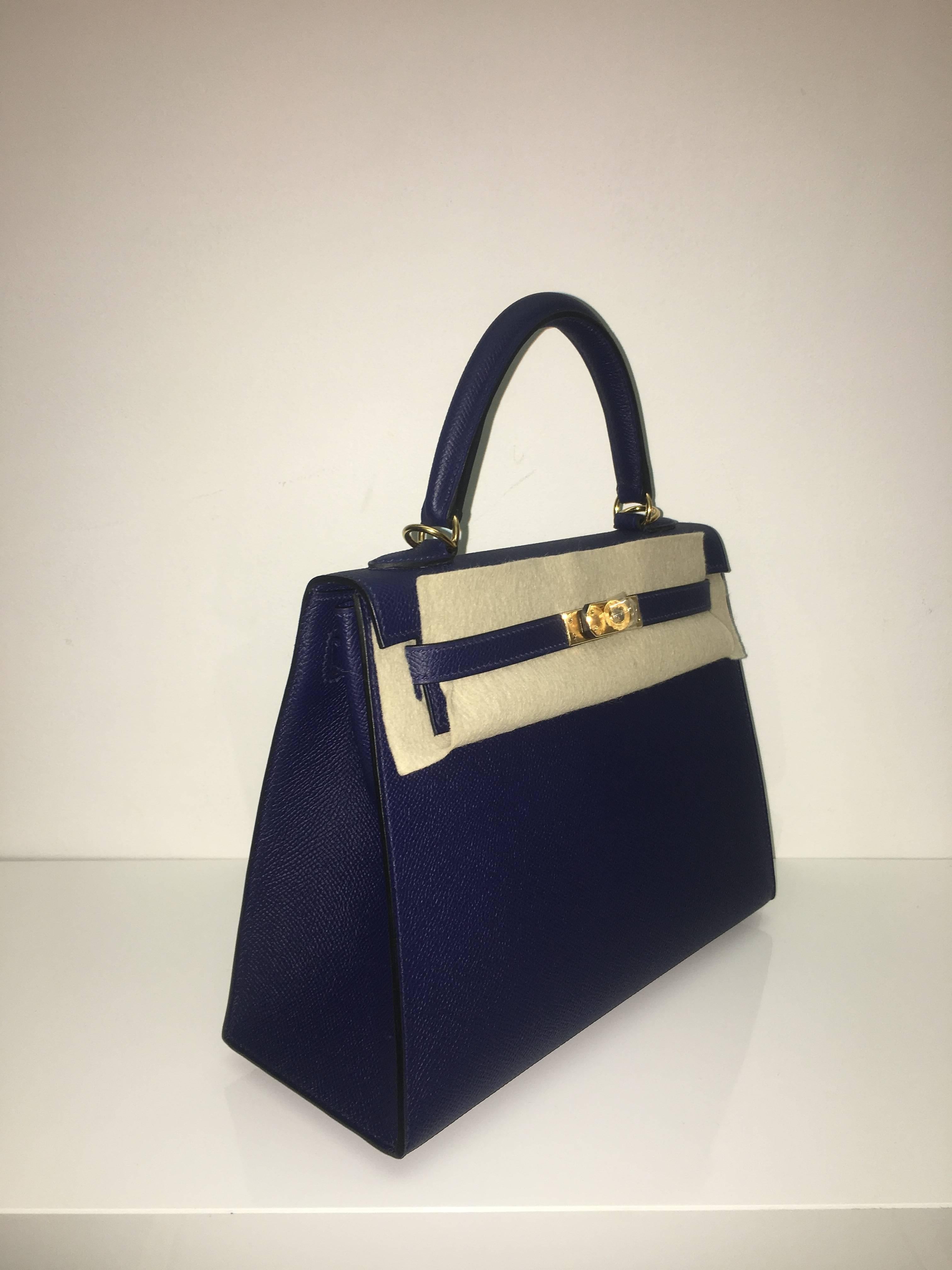 Hermes 
Kelly Size 25
Epsom Leather 
Colour Blue Sapphire
Gold Hardware 
store fresh, comes with receipt and full set (dust bag, box...) 
Hydeparkfashion specializes in sourcing and delivering authentic luxury handbags, mainly Hermes, to
