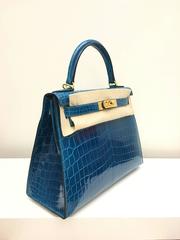 Brand New Hermes Kelly 28 Blue Izmir Shiny Croc GHW