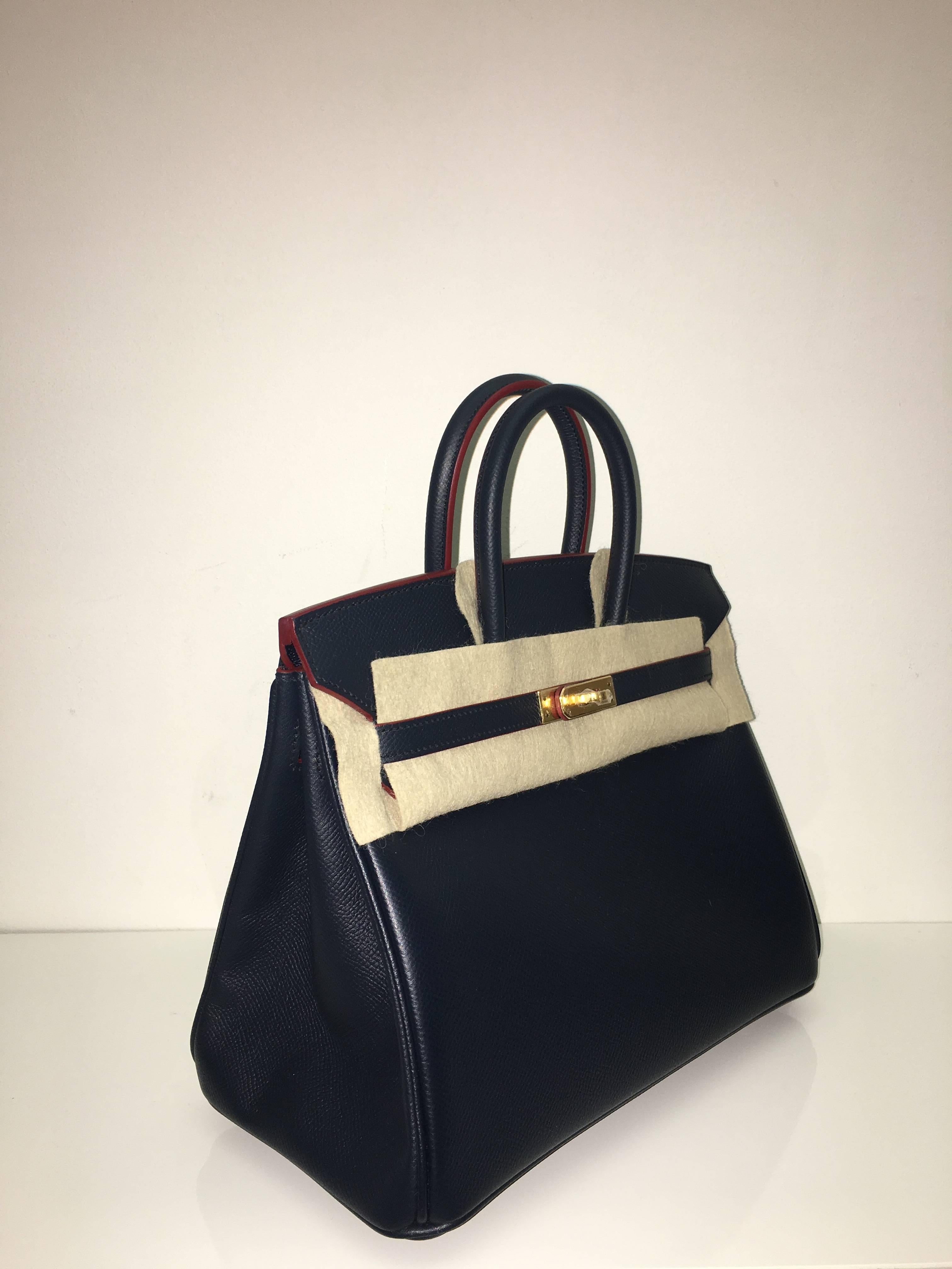Hermes 
Birkin Size 30
Epsom Leather 
Color Blue Indigo/Rouge H Contour (Limited Edition)
Palladium (Silver) Hardware 
store fresh, comes with receipt and full set (dust bag, box...) 
Hydeparkfashion specializes in sourcing and delivering