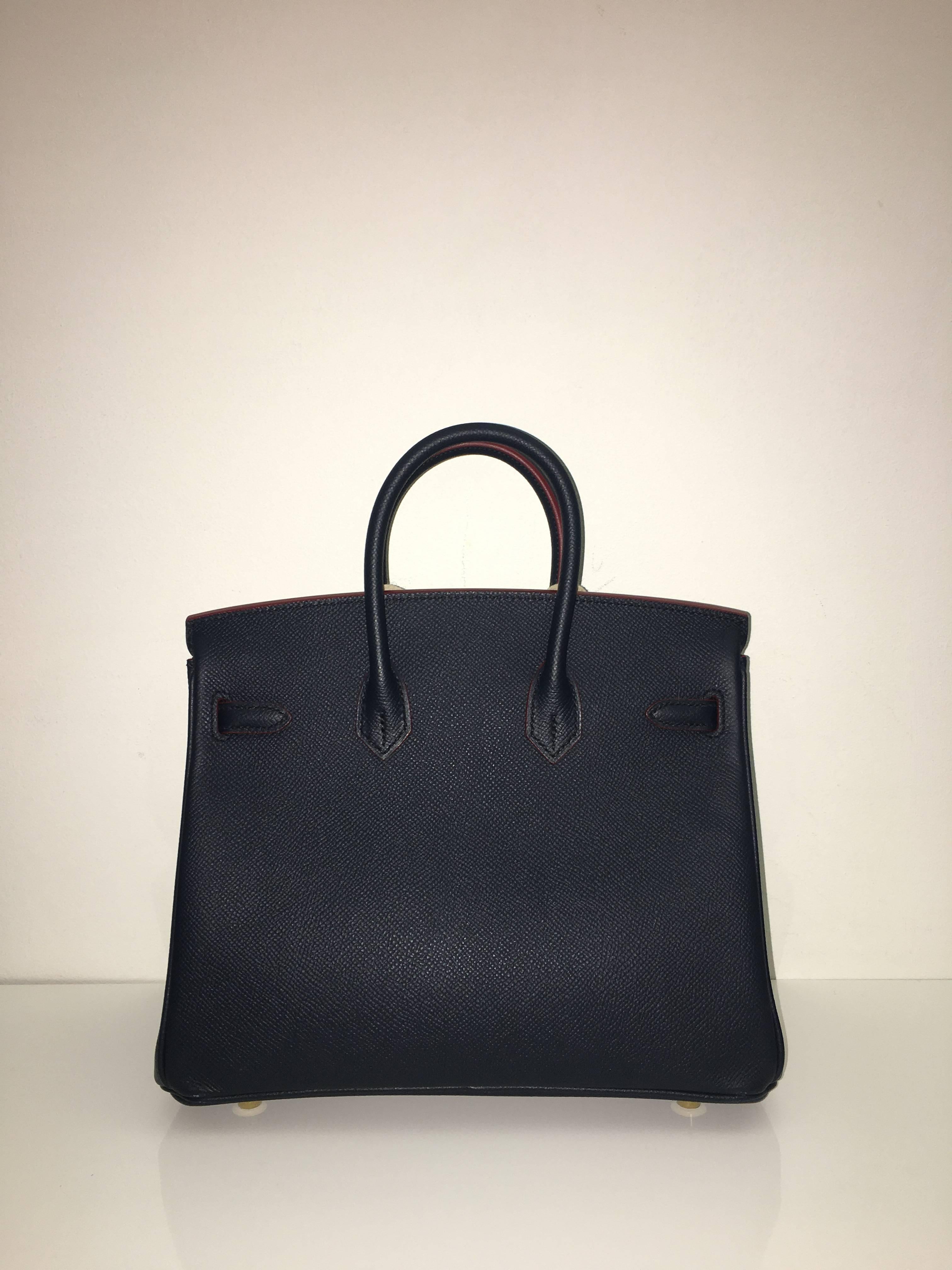 Brand New Hermes Birkin 25 Epsom Blue Indigo/Rouge H Contour GHW In New Condition For Sale In London, GB