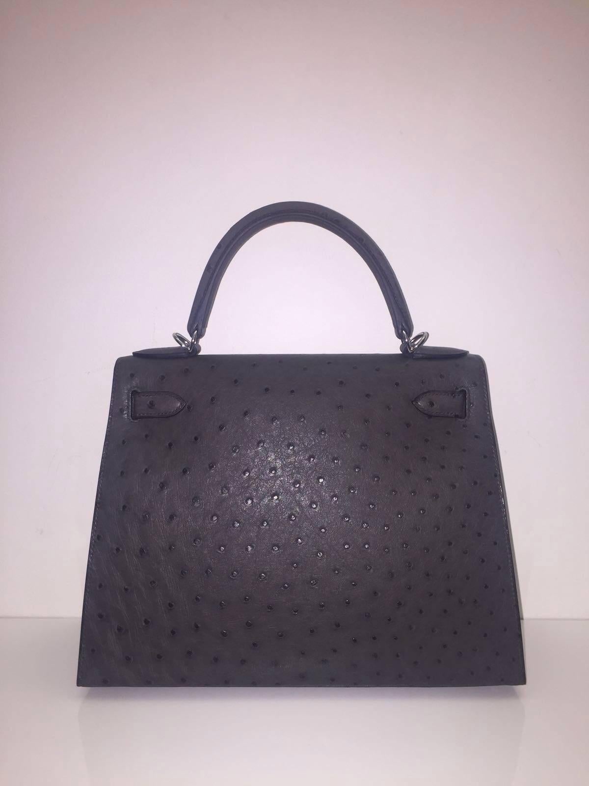 Black Brand New Hermes Kelly 28 Graphite Ostrich PHW For Sale