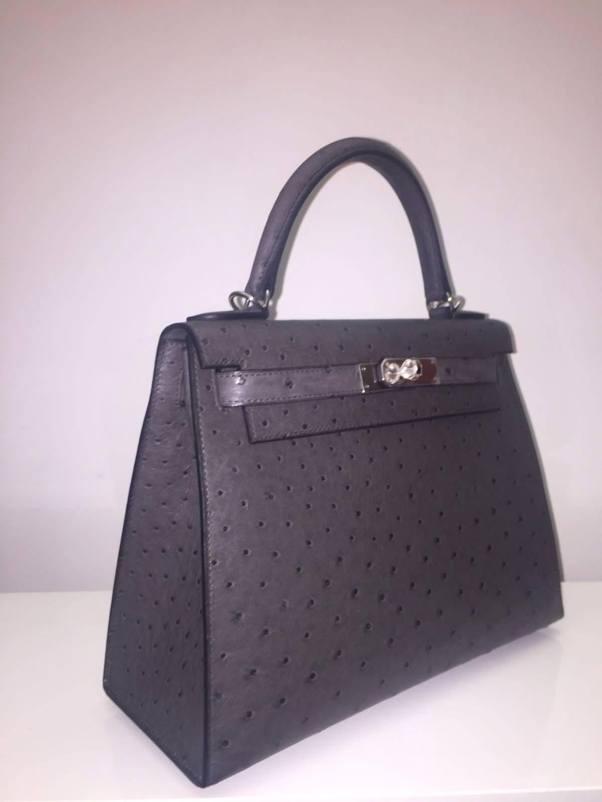 Women's Brand New Hermes Kelly 28 Graphite Ostrich PHW For Sale