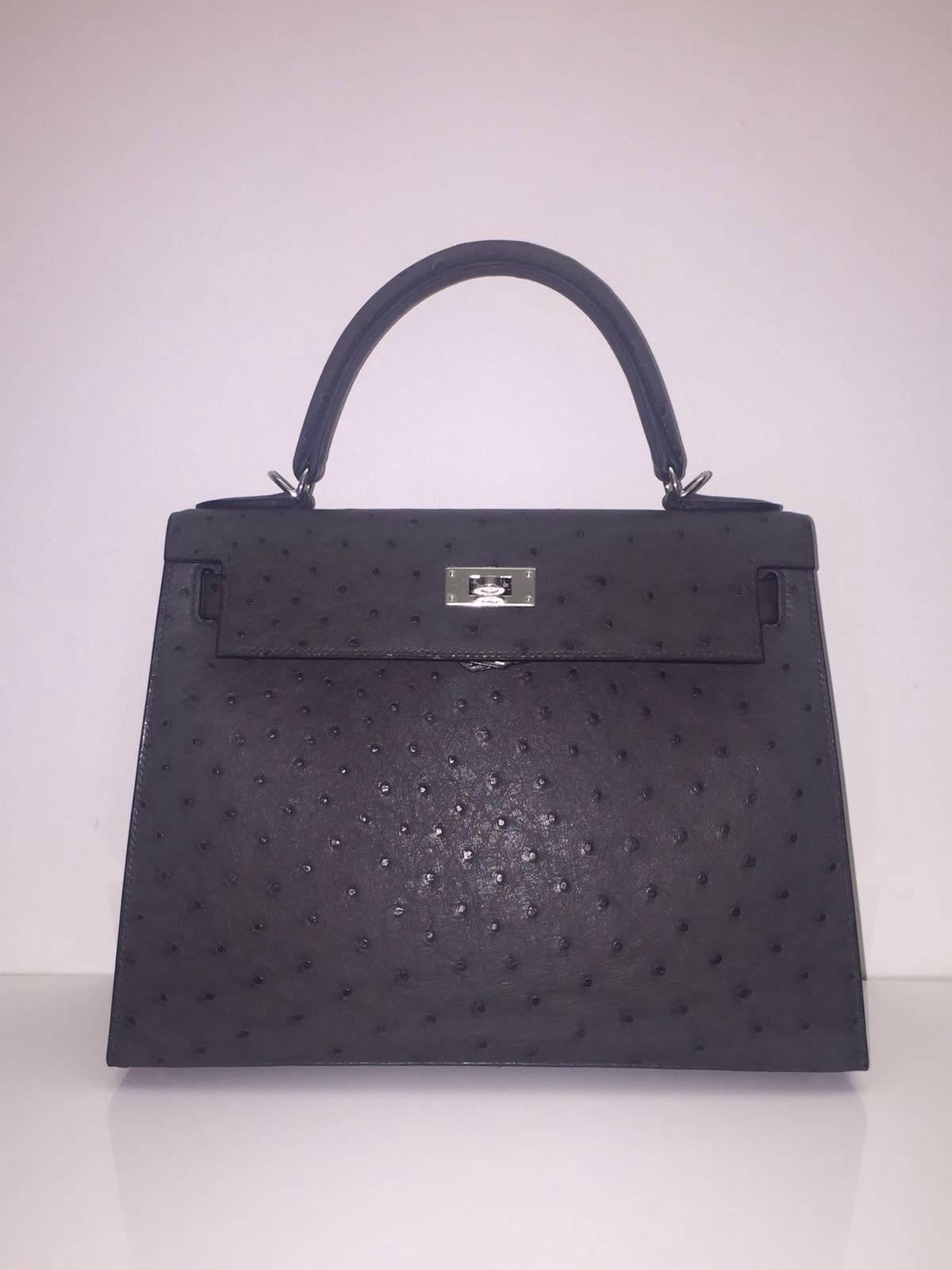 Brand New Hermes Kelly 28 Graphite Ostrich PHW For Sale 1