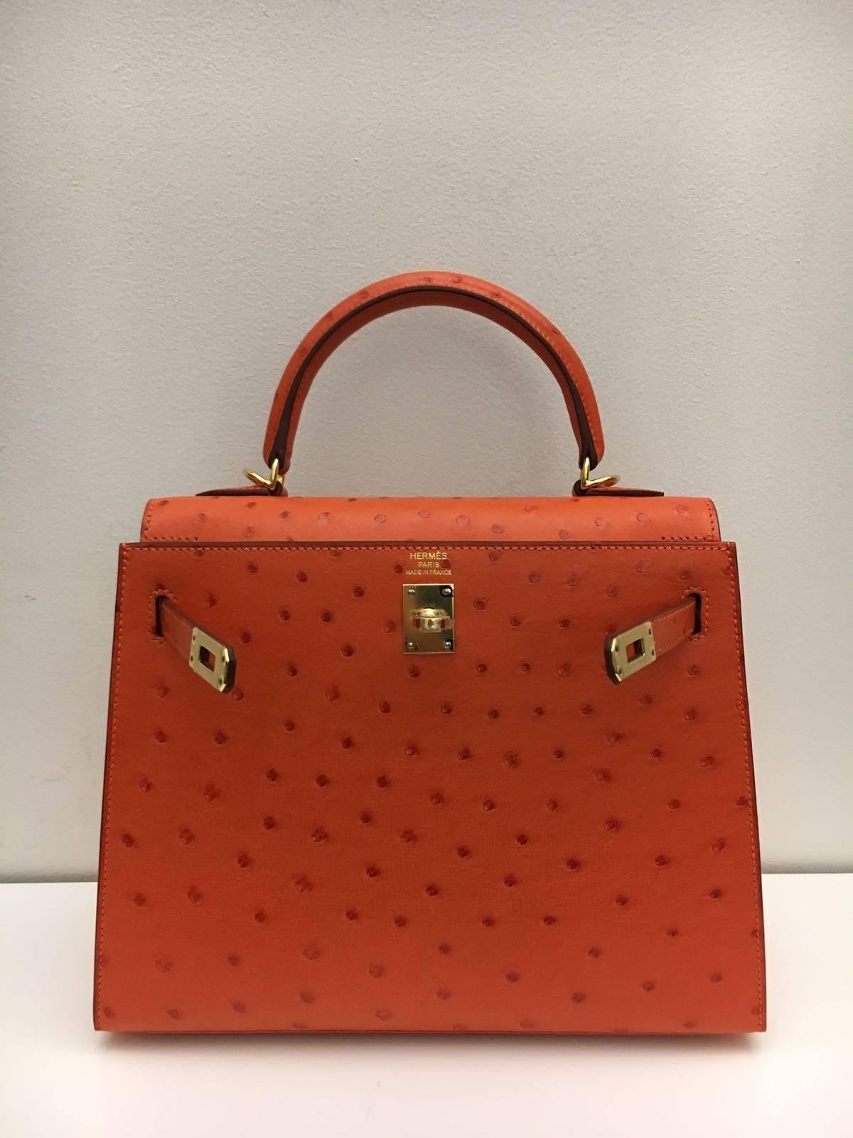 Hermes 
Kelly Size 25
Ostrich Leather 
Colour Tangerine
Gold Hardware
Store fresh, comes with receipt and full set (dust bag, box...) 
Hydeparkfashion specializes in sourcing and delivering authentic luxury handbags, mainly Hermes, to clients around