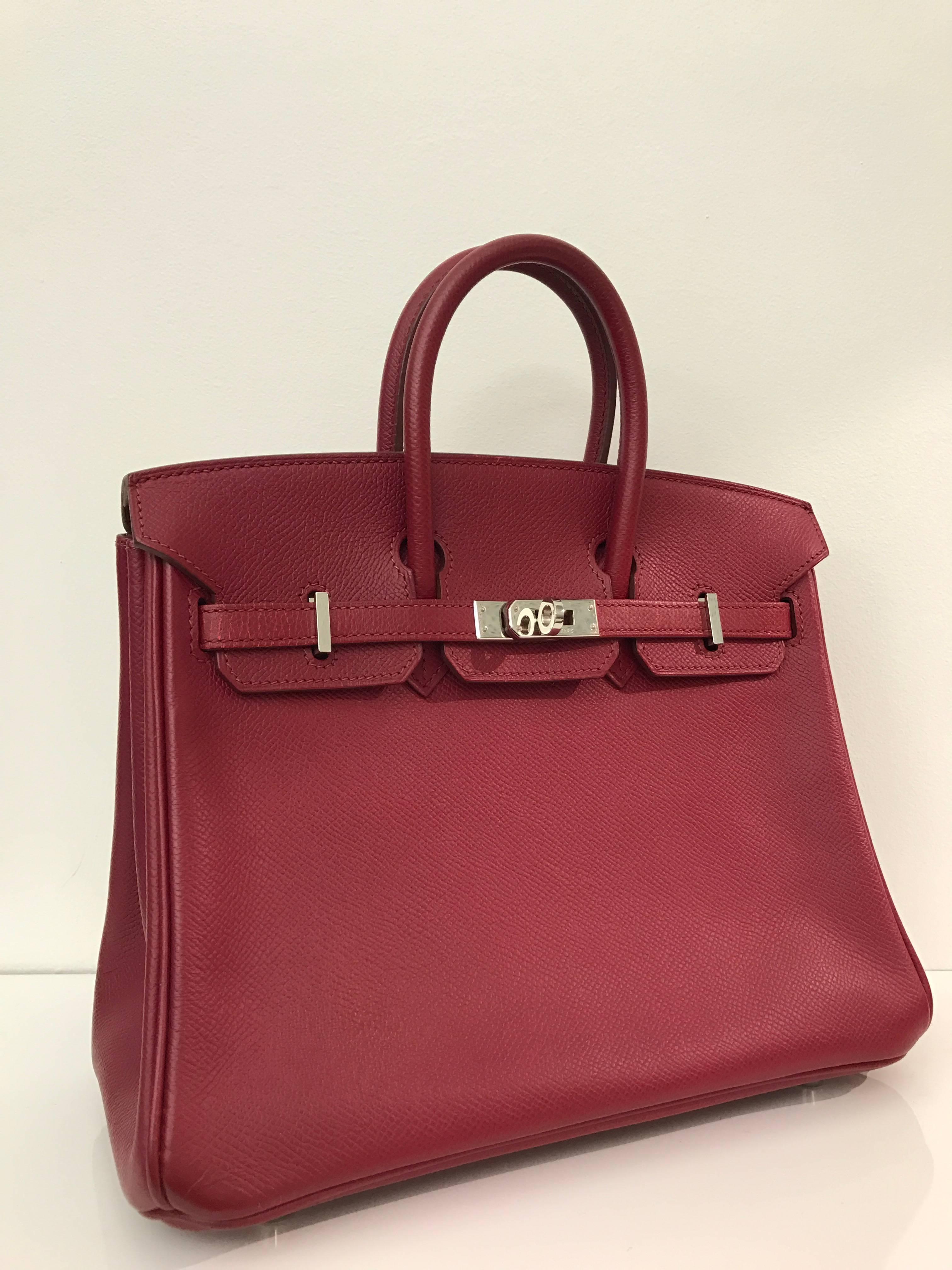 Hermes 
Birkin Size 25
Epsom Leather 
Colour Rouge Grenate
Silver Hardware
Store fresh, comes with receipt and full set (dust bag, box...) 
Hydeparkfashion specializes in sourcing and delivering authentic luxury handbags, mainly Hermes, to clients